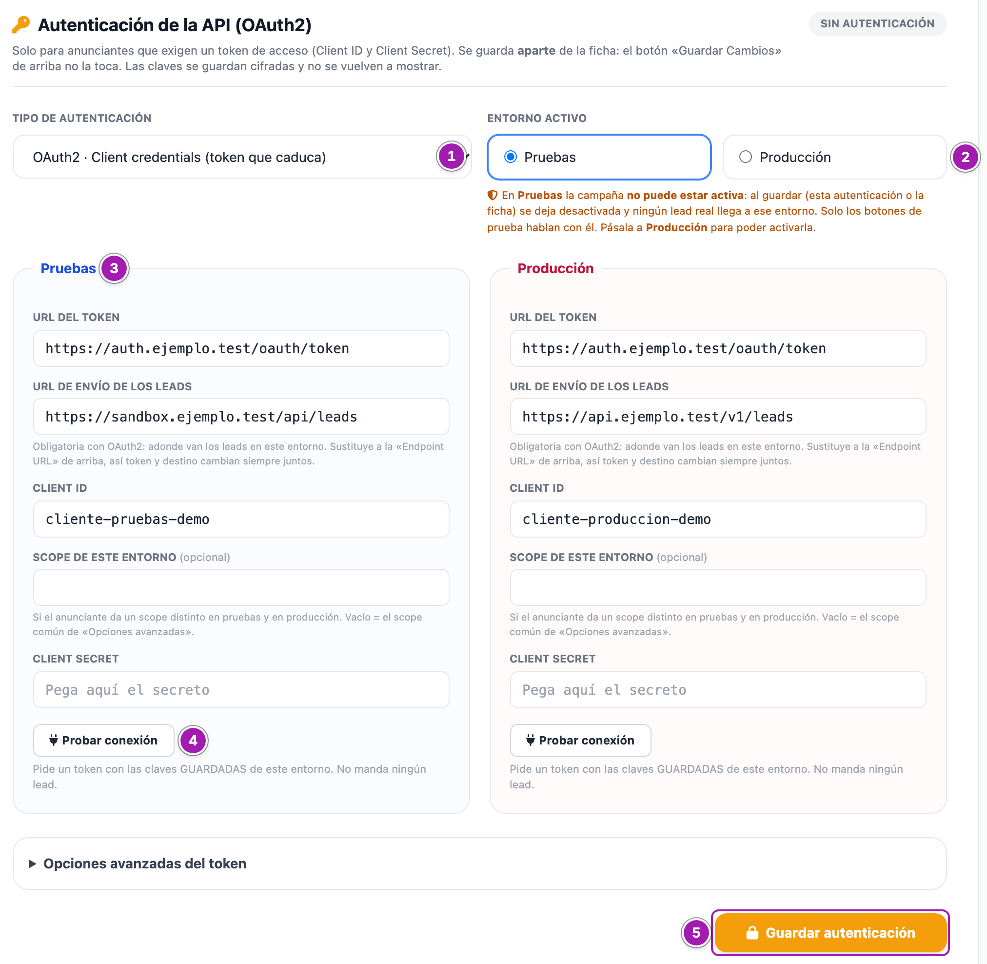 Bloque «Autenticación de la API (OAuth2)» relleno y sin guardar: «Tipo de autenticación» en OAuth2 (1), «Entorno activo» en Pruebas (2), el recuadro «Pruebas» con su URL del token, su URL de envío y su Client ID (3), su botón «Probar conexión» (4) y el botón «Guardar autenticación» (5).