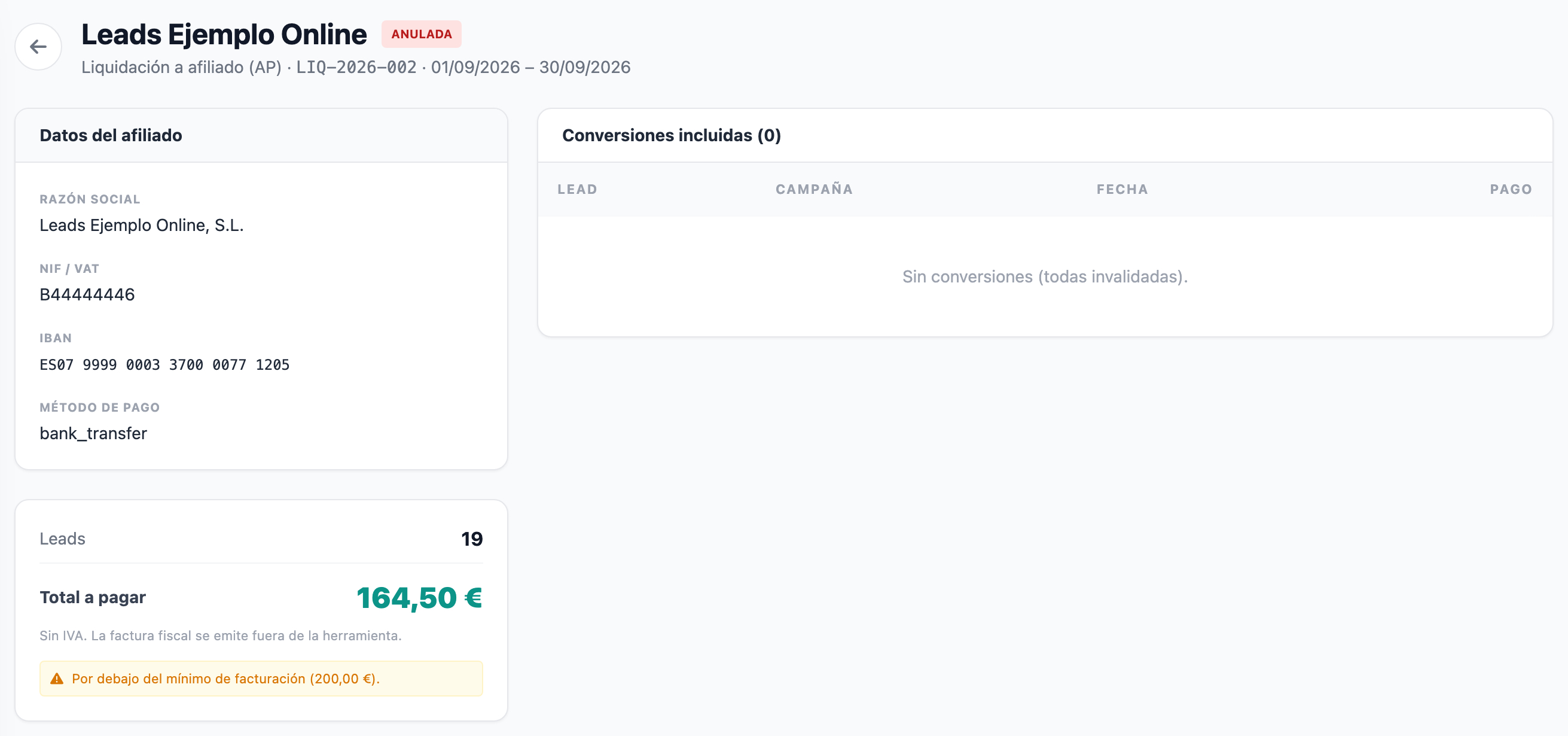 Una liquidación anulada: conserva su número, sus leads y su total, no tiene ningún botón y su lista dice «Sin conversiones (todas invalidadas).».