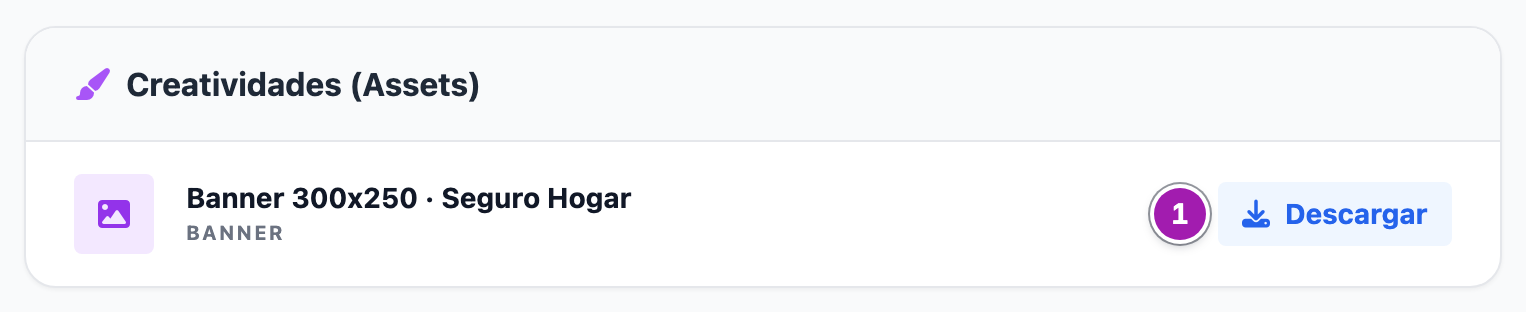 Ficha de la oferta en el portal del afiliado: el recuadro «Creatividades (Assets)» con el banner, su tipo y su botón «Descargar» (1).