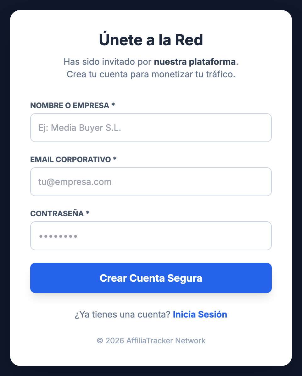 Página «Únete a la Red» que ve quien abre el enlace de invitación: «Nombre o Empresa», «Email Corporativo», «Contraseña» y el botón «Crear Cuenta Segura».