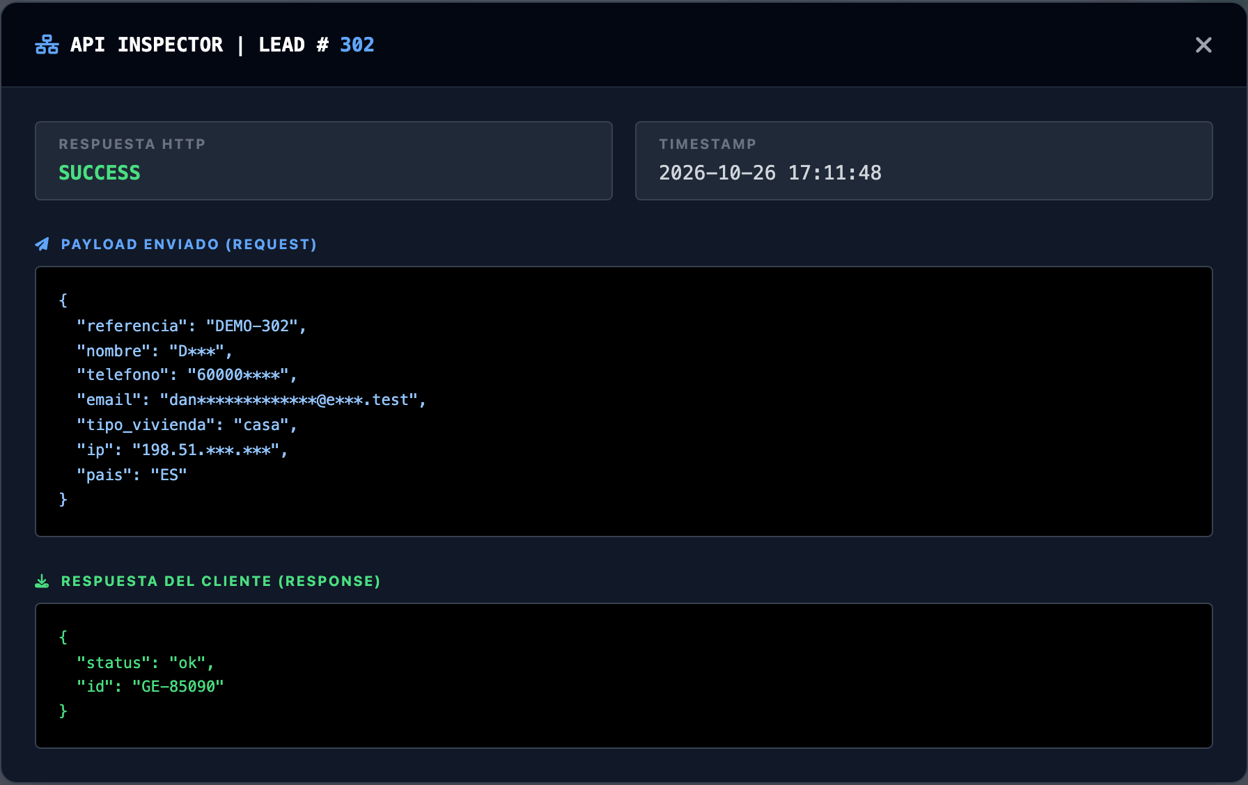 Ventana «API INSPECTOR» de un lead aceptado: el resultado de la entrega, la fecha, lo que se envió al anunciante con los datos personales tapados y lo que contestó.