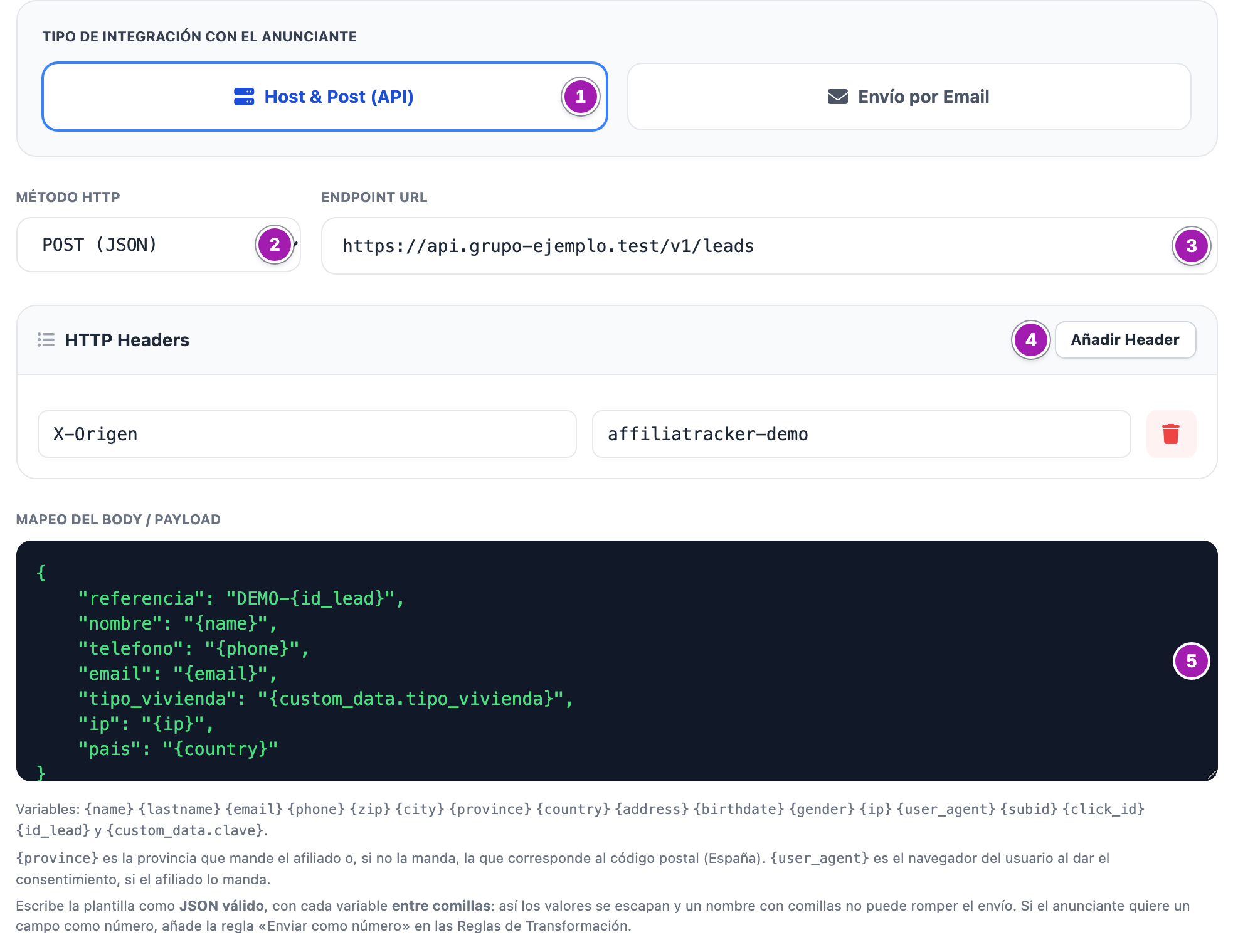 Pestaña «Integración» de una campaña por API: «Host & Post (API)» elegido (1), «Método HTTP» en «POST (JSON)» (2), «Endpoint URL» (3), el bloque «HTTP Headers» con su botón «Añadir Header» (4) y la plantilla «Mapeo del Body / Payload» con la lista de variables debajo (5).