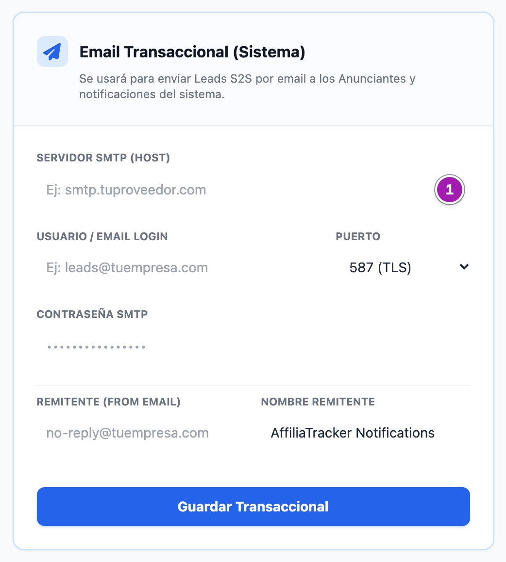Bloque «Email Transaccional (Sistema)» de la pantalla de SMTP, con el texto «Se usará para enviar Leads S2S por email a los Anunciantes y notificaciones del sistema.» y sus campos sin rellenar, empezando por «Servidor SMTP (Host)» (1); «Nombre Remitente» trae «AffiliaTracker Notifications».