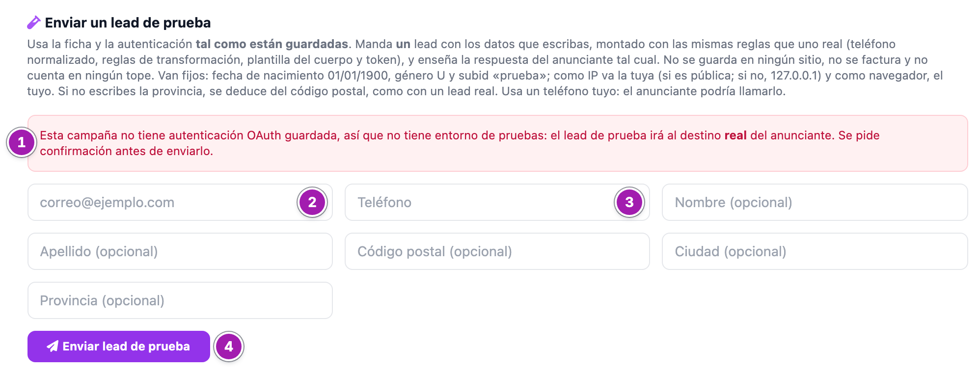Sección «Enviar un lead de prueba» de una campaña sin autenticación OAuth2: el aviso en rojo de que el lead irá al destino real del anunciante (1), los campos del correo (2) y del teléfono (3), los opcionales, y el botón «Enviar lead de prueba» (4).