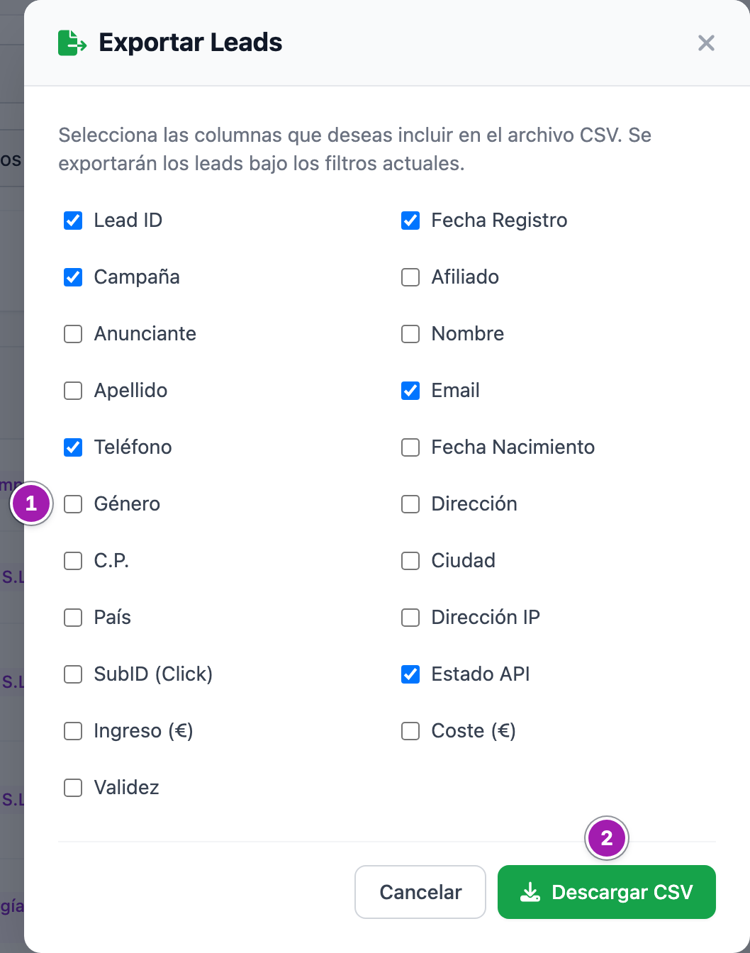 Ventana «Exportar Leads» con las 21 columnas para elegir, seis marcadas al abrirla (1), y el botón «Descargar CSV» (2).