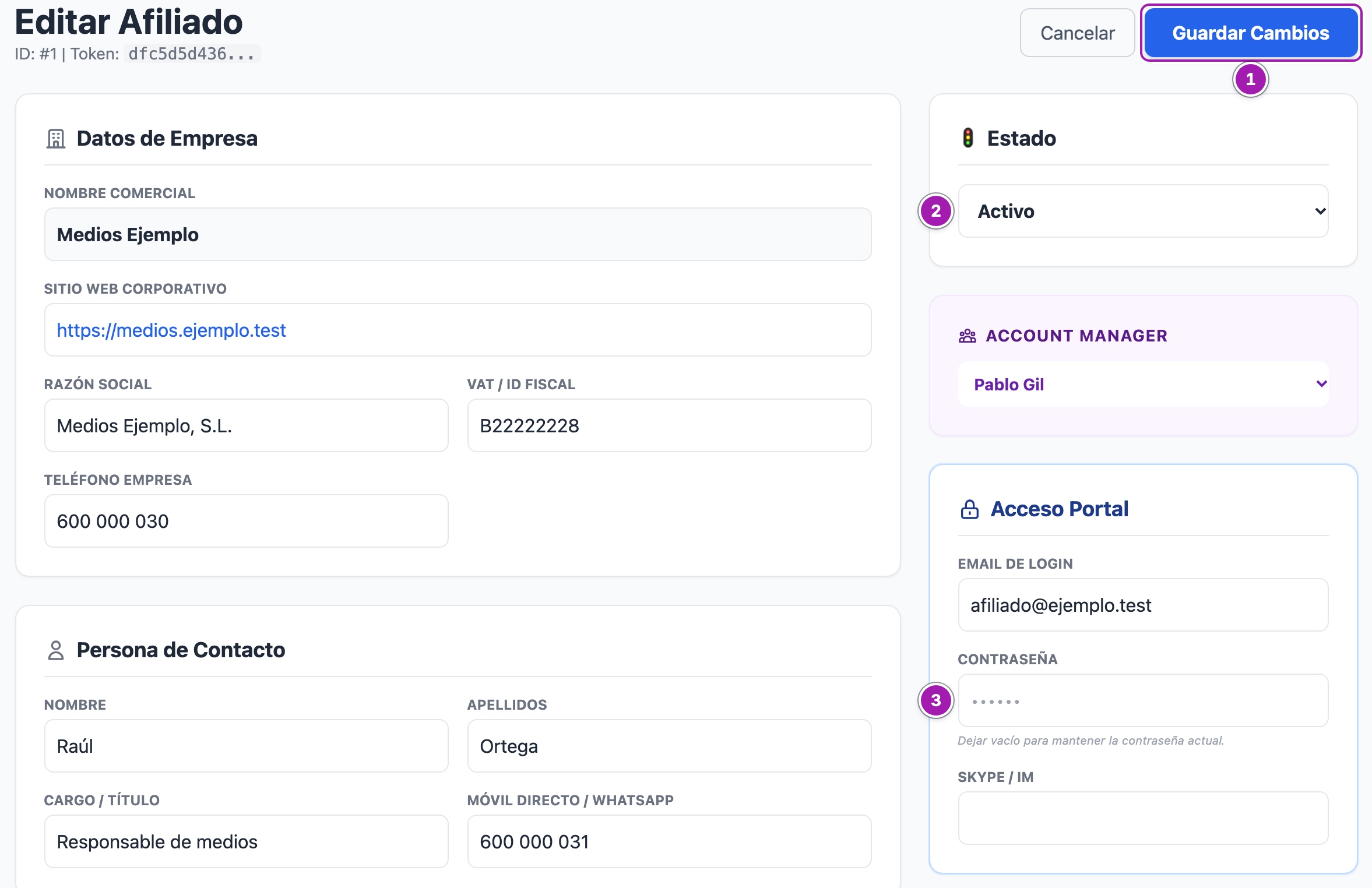 Ficha «Editar Afiliado»: arriba el botón «Guardar Cambios» (1); a la izquierda los datos de la empresa y de la persona de contacto; a la derecha el «Estado» (2), el «Account Manager» y el «Acceso Portal» con su «Contraseña» (3).