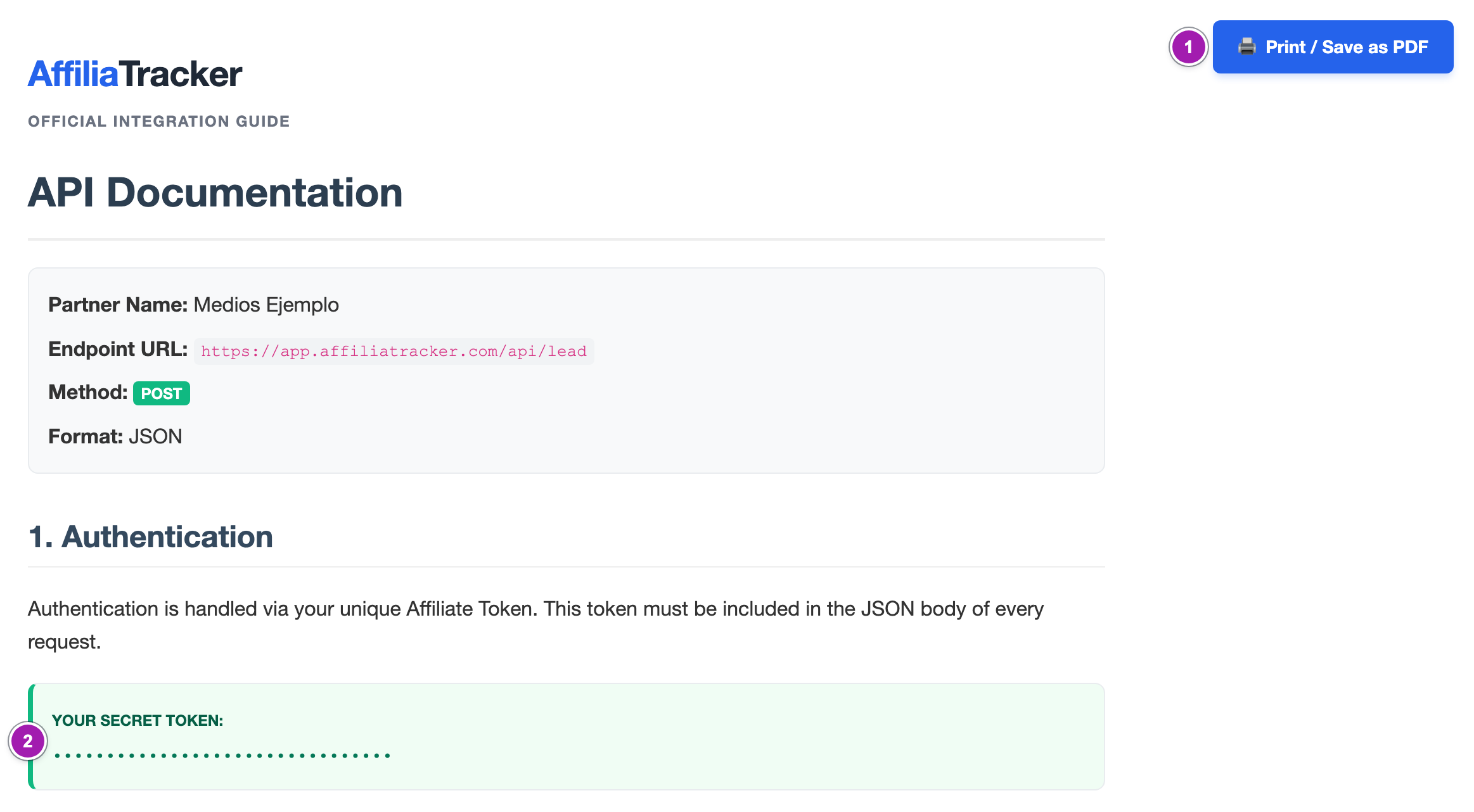 Principio de la guía de integración, en inglés: el botón «Print / Save as PDF» (1), el nombre del afiliado, la dirección de la API y el recuadro «YOUR SECRET TOKEN» con el token tapado (2).
