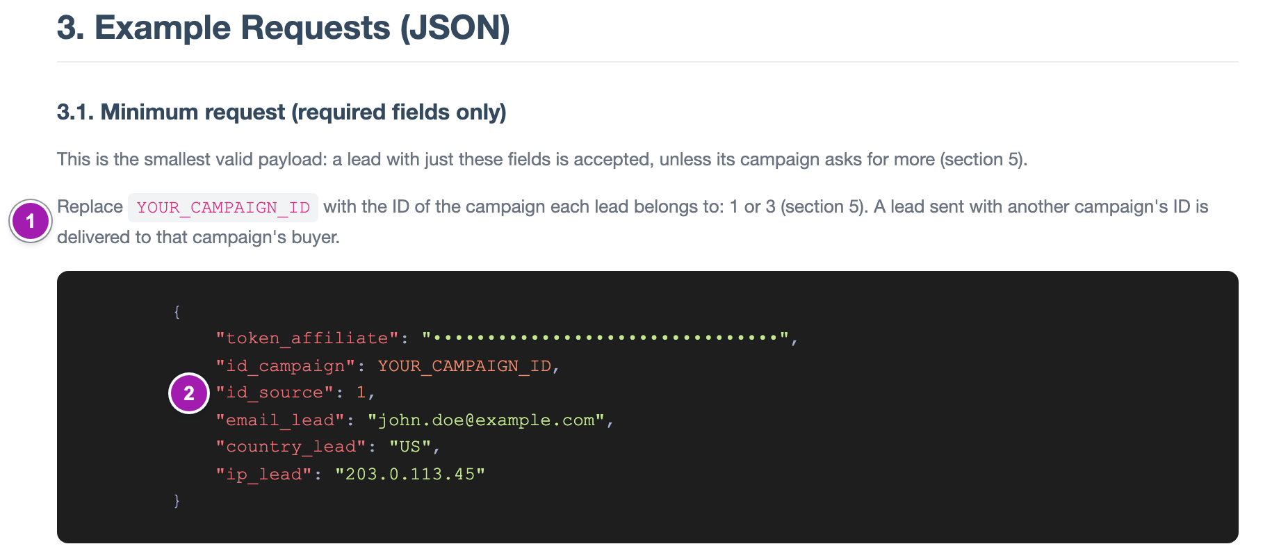 Apartado «3.1. Minimum request» de la guía: la nota que dice qué número de campaña poner (1) y el ejemplo de envío en JSON, con el token tapado y el campo id_source (2).
