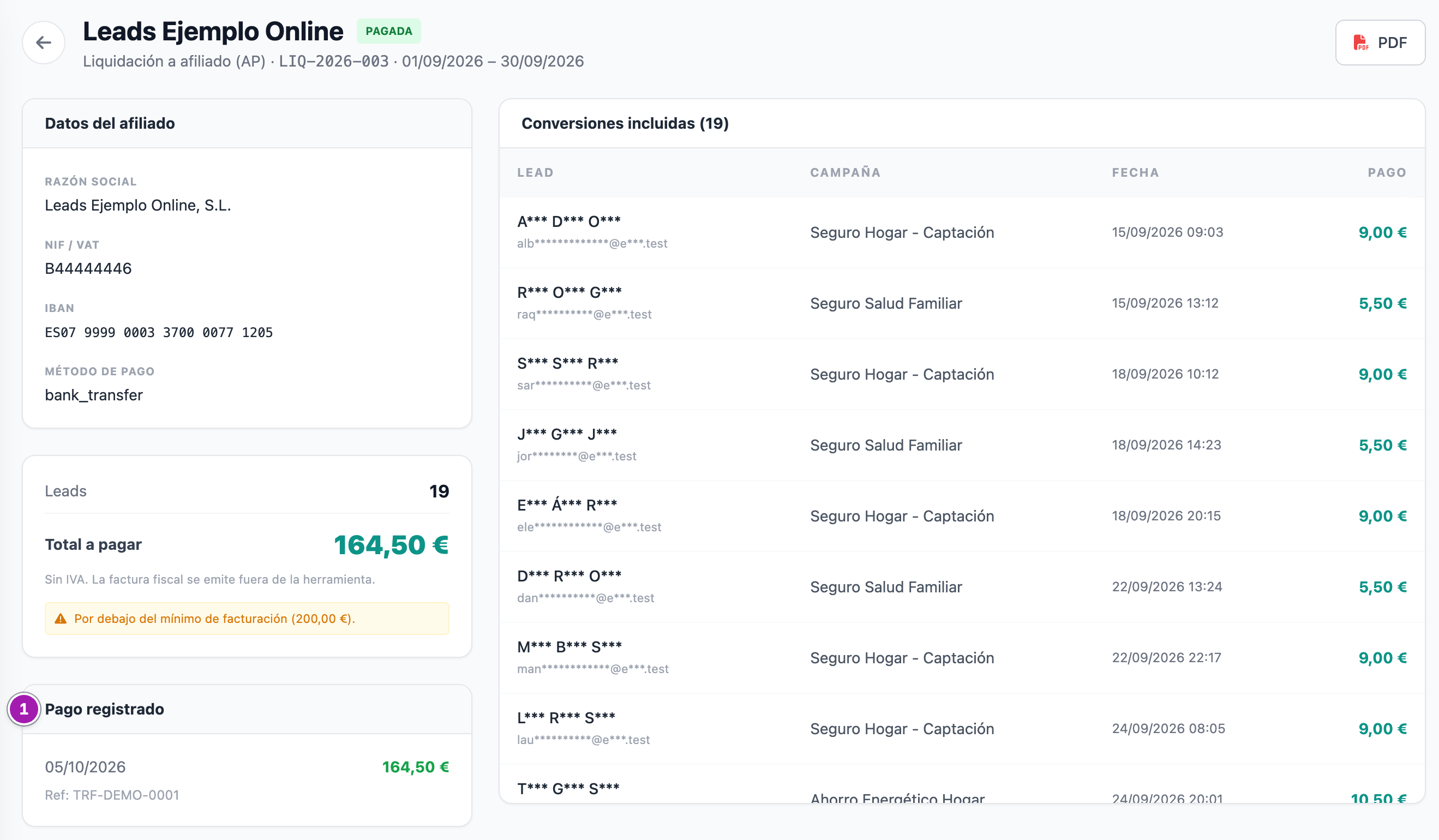 Liquidación pagada: sólo queda el botón «PDF», y a la izquierda los datos del afiliado, el total y el recuadro «Pago registrado» (1) con la fecha, el importe y la referencia.