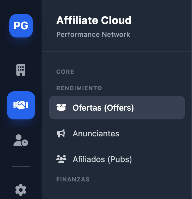 Menú de Affiliate Cloud de alguien que no es administrador, con todas las filas de la nube en su panel: el grupo «Core» sin entradas, «Rendimiento» con «Ofertas (Offers)», «Anunciantes» y «Afiliados (Pubs)», y «Finanzas» vacío.