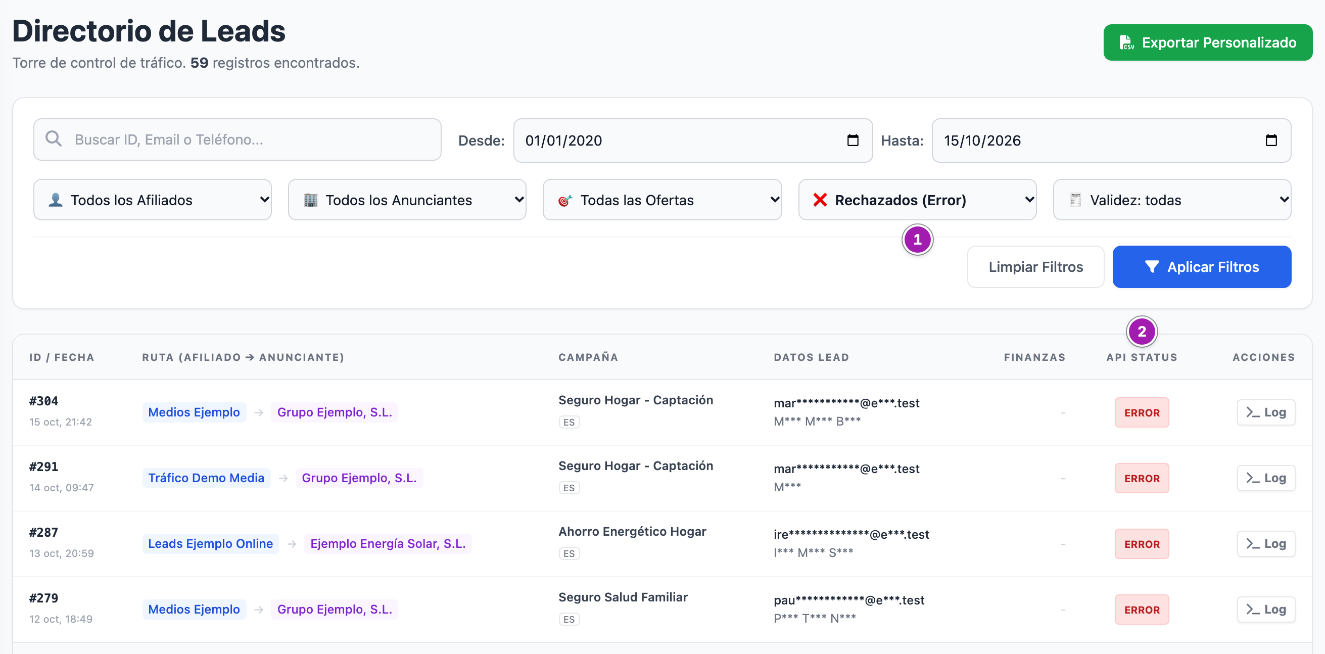 Directorio de Leads filtrado por el estado «Rechazados (Error)» (1): las primeras filas, con su afiliado y anunciante, la campaña, el correo y el nombre con asteriscos y, en la columna «API Status» (2), «error».