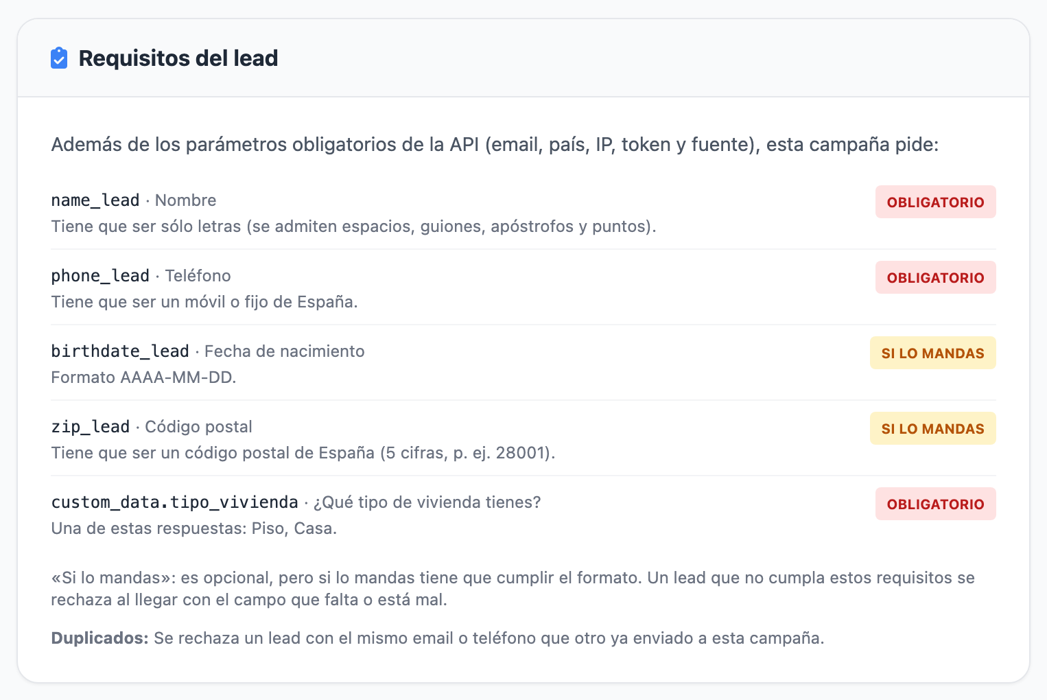 Ficha de una oferta en el portal del afiliado: tarjeta «Requisitos del lead» con cada campo marcado como «Obligatorio» o «Si lo mandas», la pregunta tipo_vivienda con sus respuestas «Piso, Casa» y la regla de duplicados.