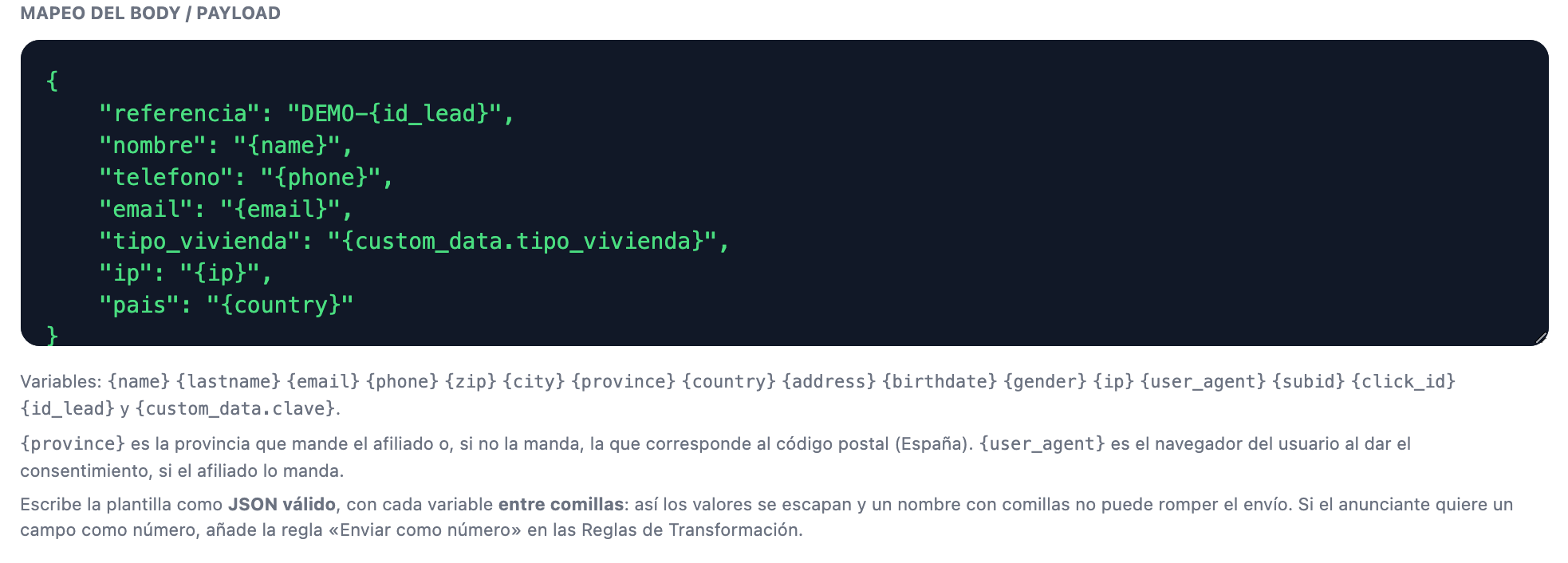 Caja «Mapeo del Body / Payload» con una plantilla JSON y, debajo, la lista de variables que se pueden usar por API y las ayudas sobre {province}, {user_agent} y el JSON válido con cada variable entre comillas.