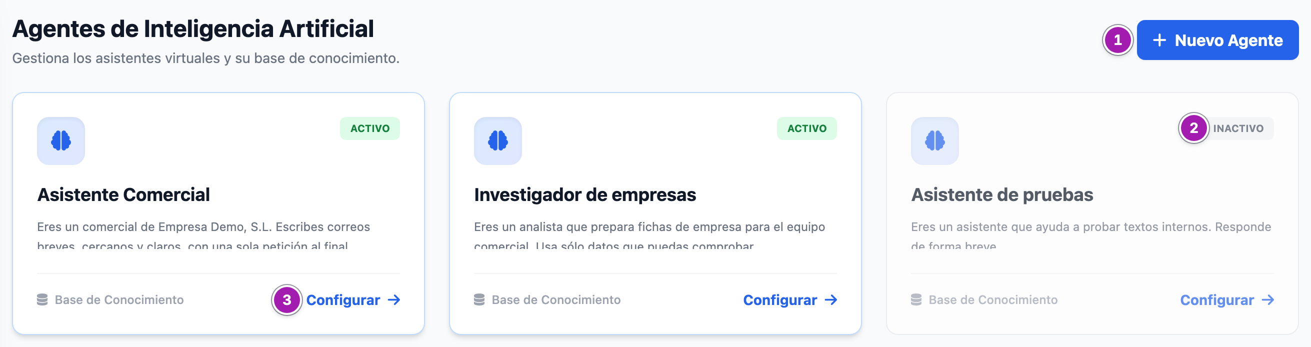 Ajustes › Agentes / Cerebro IA: el botón «Nuevo Agente» (1) y una tarjeta por agente con su nombre, el principio de sus instrucciones y su estado; el agente desactivado sale atenuado con la etiqueta «Inactivo» (2), y «Configurar» abre su ficha (3).