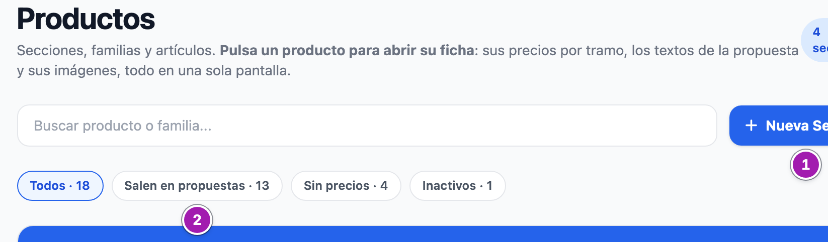 Cabecera de «Productos» con los contadores de secciones, familias y artículos, el buscador, el botón «Nueva Sección» (1) y los filtros por estado, entre ellos «Salen en propuestas» (2).