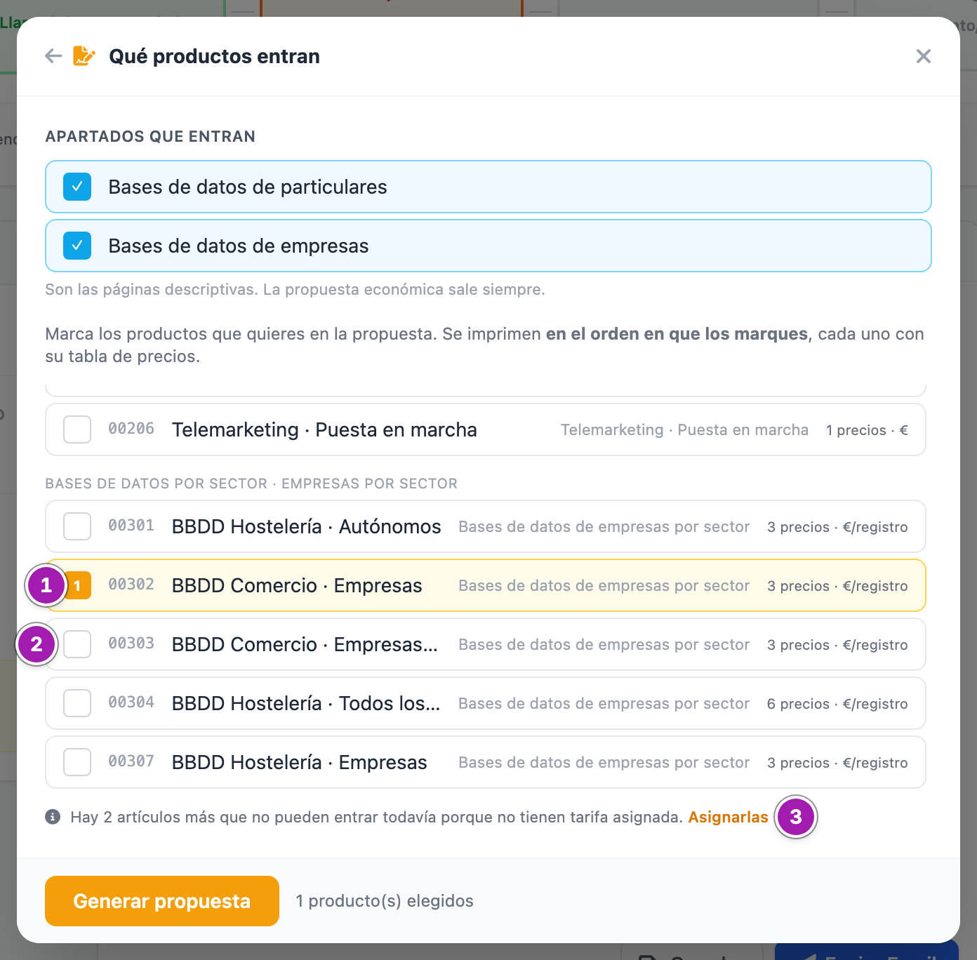 Paso 2 de «Generar propuesta» con los productos que pueden entrar, agrupados por sección y familia: uno marcado con el número 1, que es su orden en la propuesta (1), otro que comparte la misma tabla de precios (2), y debajo el aviso de los artículos que no pueden entrar porque no tienen tarifa, con el enlace «Asignarlas» (3).