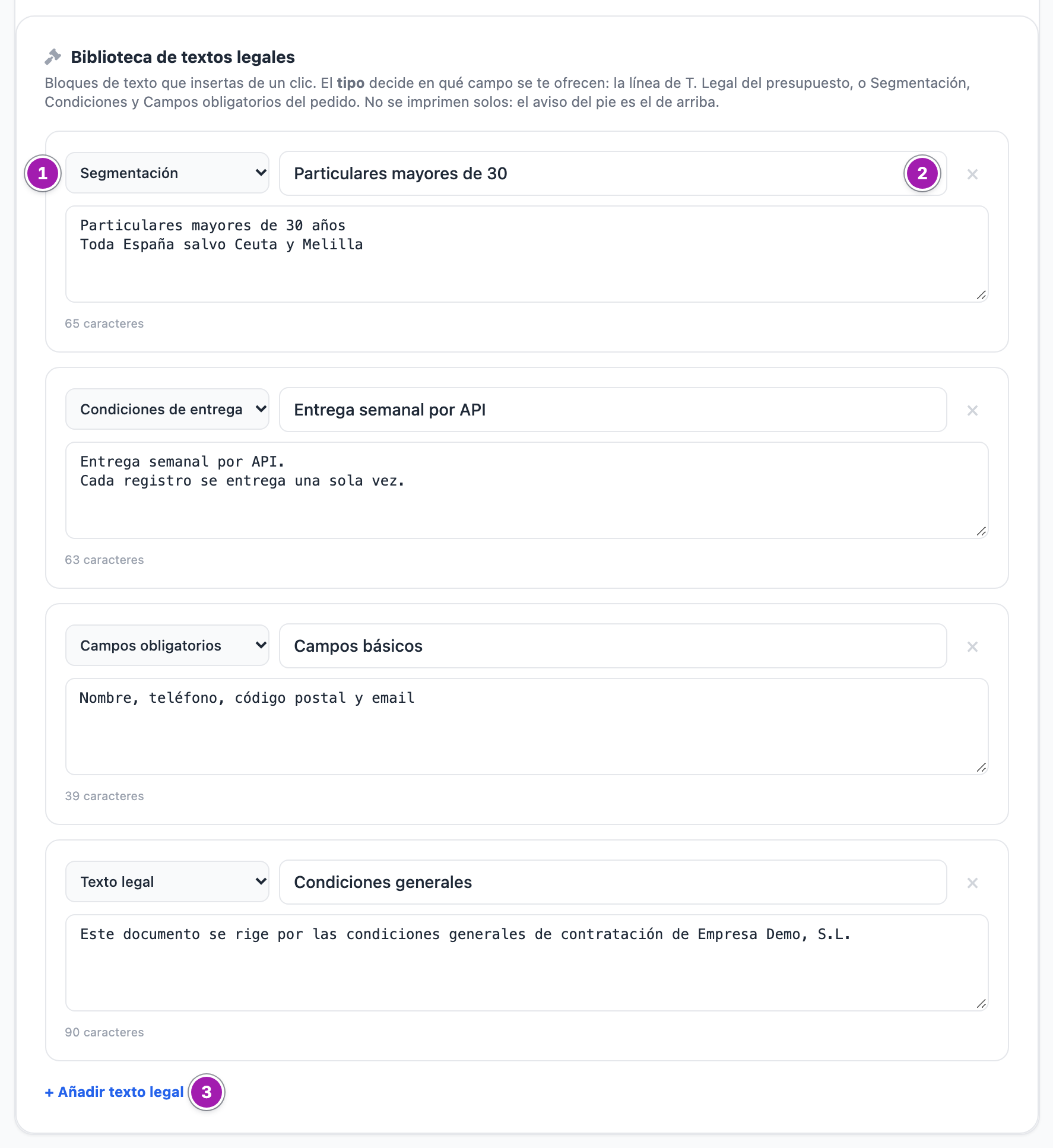 La «Biblioteca de textos legales», al final de Diseño de Documentos: cada texto con su tipo (1), su nombre (2) y su contenido, y el botón «+ Añadir texto legal» (3).
