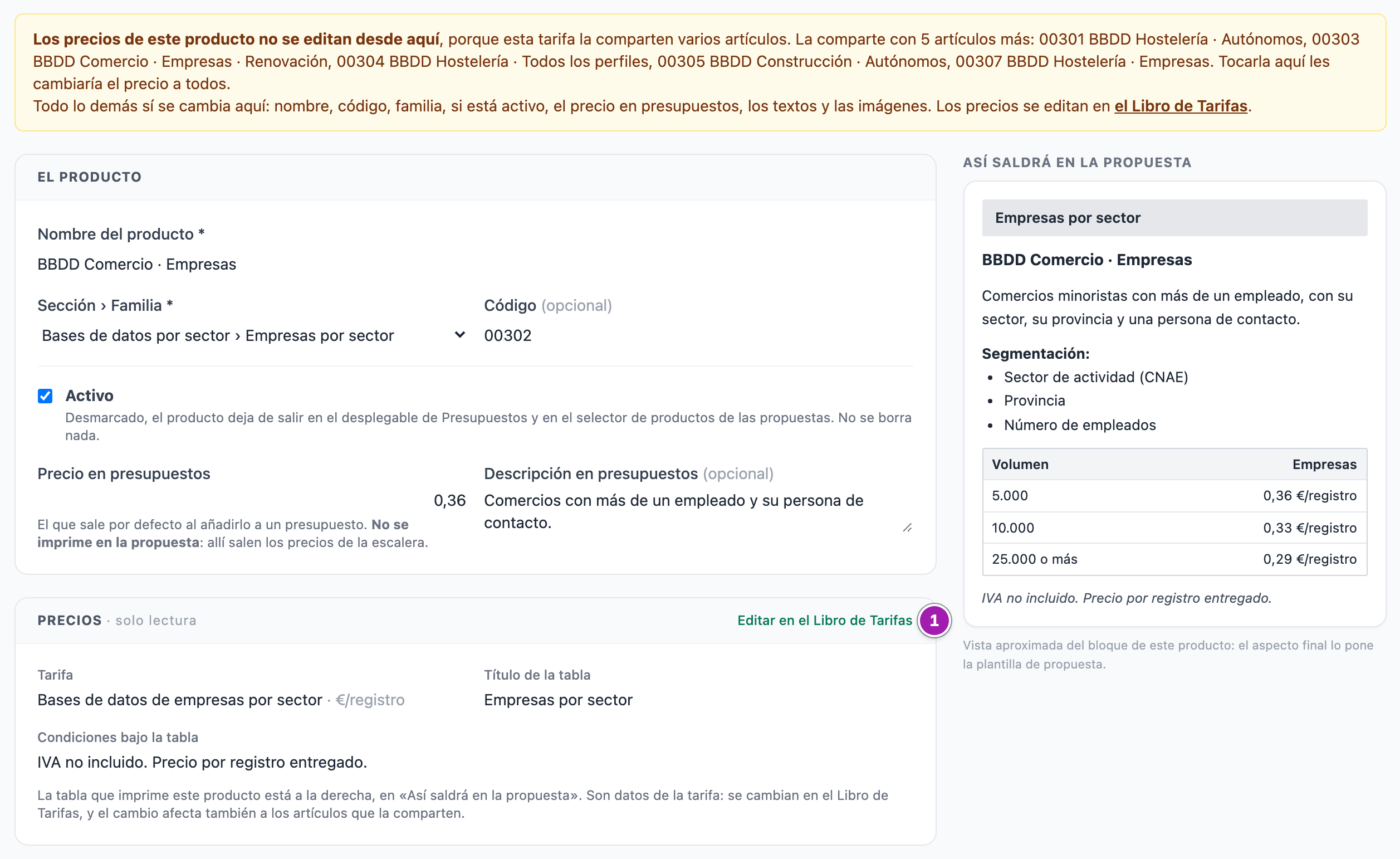 Ficha de un producto cuya tarifa comparten varios artículos: el aviso «Los precios de este producto no se editan desde aquí», con la lista de artículos que la comparten, y el bloque «Precios · solo lectura» con el enlace «Editar en el Libro de Tarifas» (1).