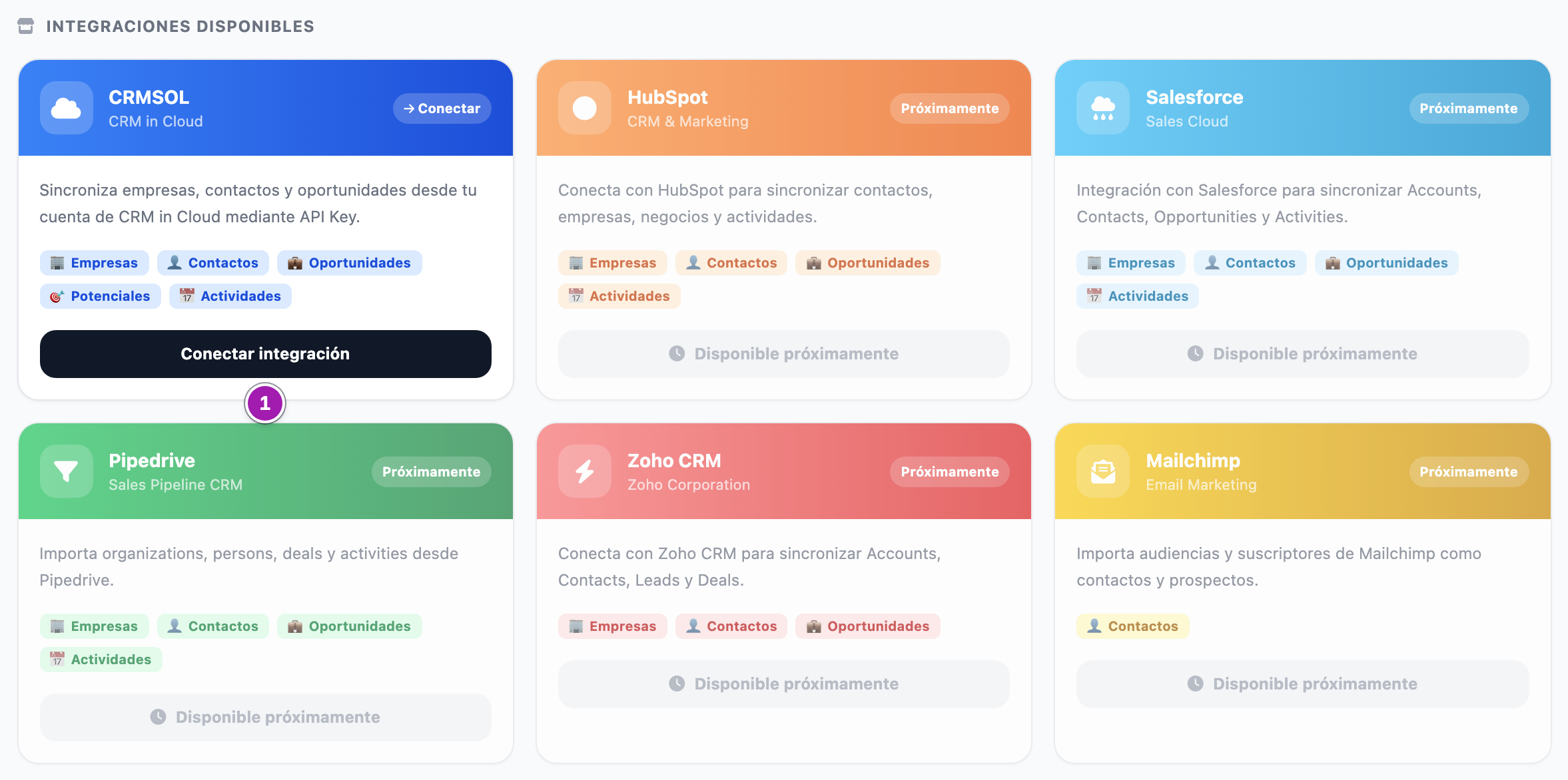 Catálogo «Integraciones disponibles»: la tarjeta CRMSOL · CRM in Cloud con los tipos de dato que trae y el botón «Conectar integración» (1); HubSpot, Salesforce, Pipedrive, Zoho CRM y Mailchimp, atenuadas, con «Próximamente» y «Disponible próximamente».