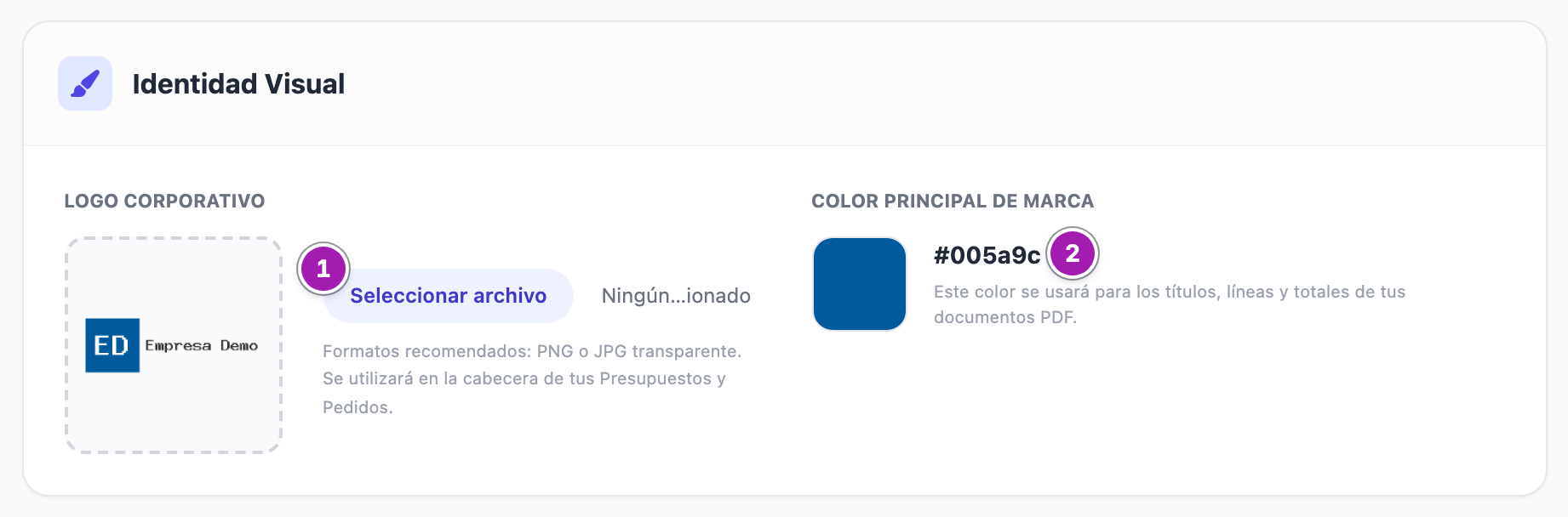 Bloque «Identidad Visual» del Perfil de Cuenta: el logo actual con el botón para elegir otro fichero (1) y el color principal de marca con su código (2).