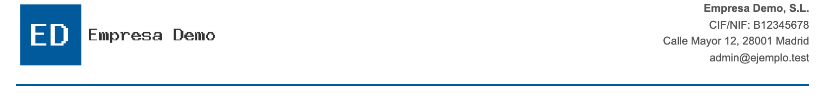 La cabecera de un documento PDF de ejemplo: el logo de la cuenta a la izquierda y, a la derecha, la razón social, el CIF, la dirección y el correo del Perfil de Cuenta.