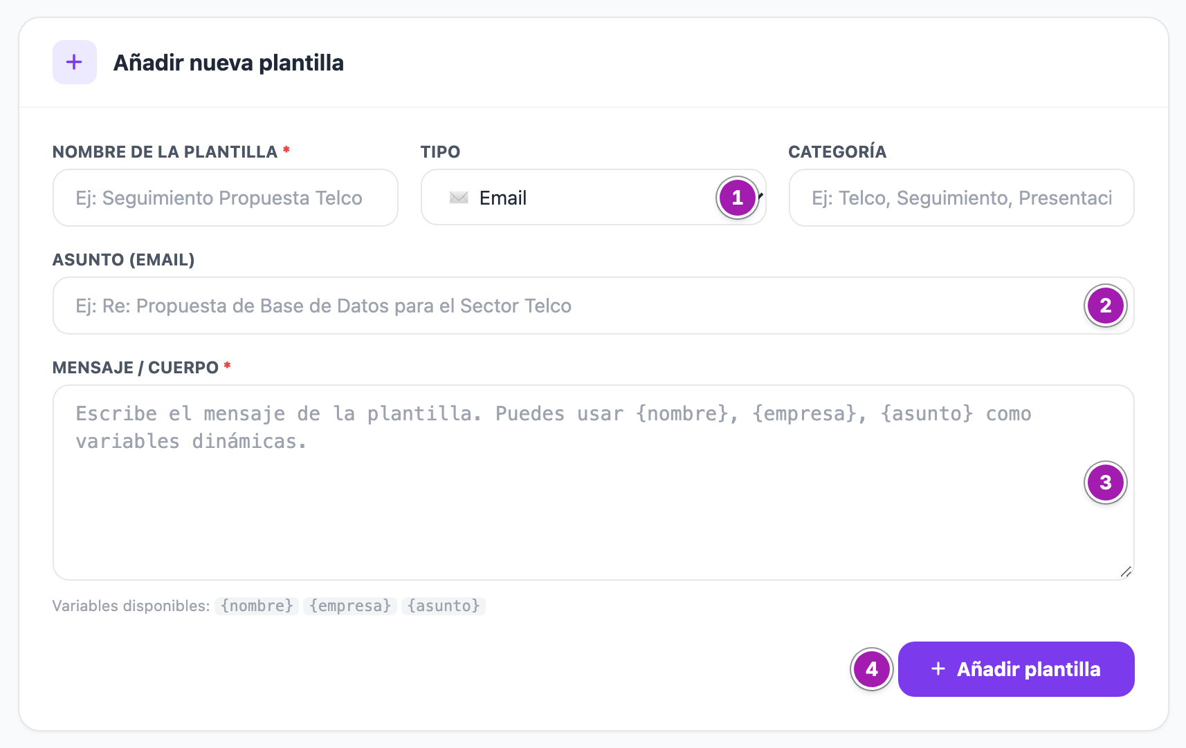 Bloque «Añadir nueva plantilla»: nombre, tipo (1), categoría, asunto, que sólo sale con el tipo Email (2), el mensaje con la lista de variables debajo (3) y el botón «Añadir plantilla» (4).