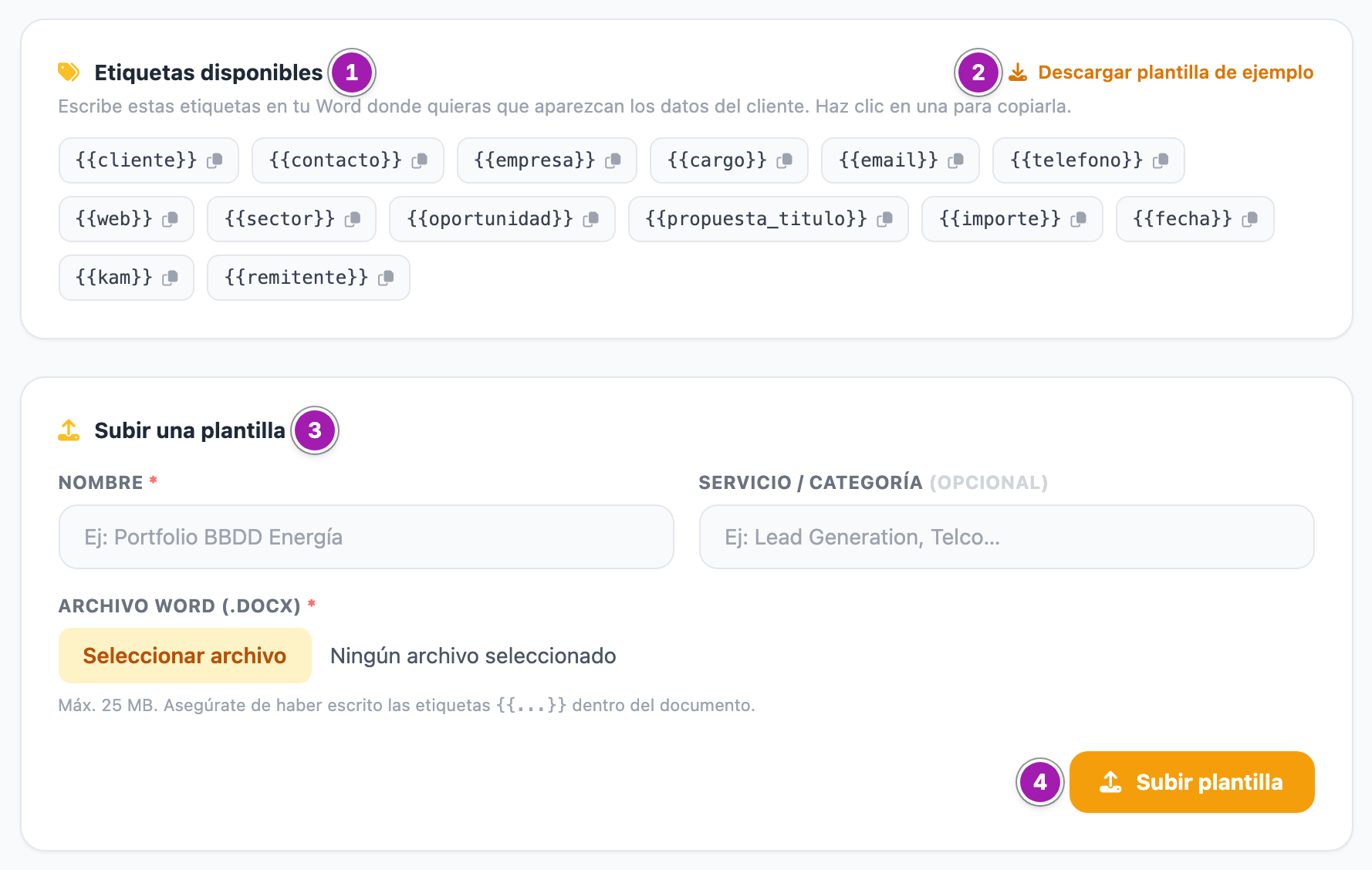 Ajustes › Plantillas de Propuesta: el bloque «Etiquetas disponibles» (1) con las etiquetas que se pueden escribir en el Word y el enlace «Descargar plantilla de ejemplo» (2); debajo, «Subir una plantilla» (3), con el nombre, el servicio, el archivo Word y el botón «Subir plantilla» (4).