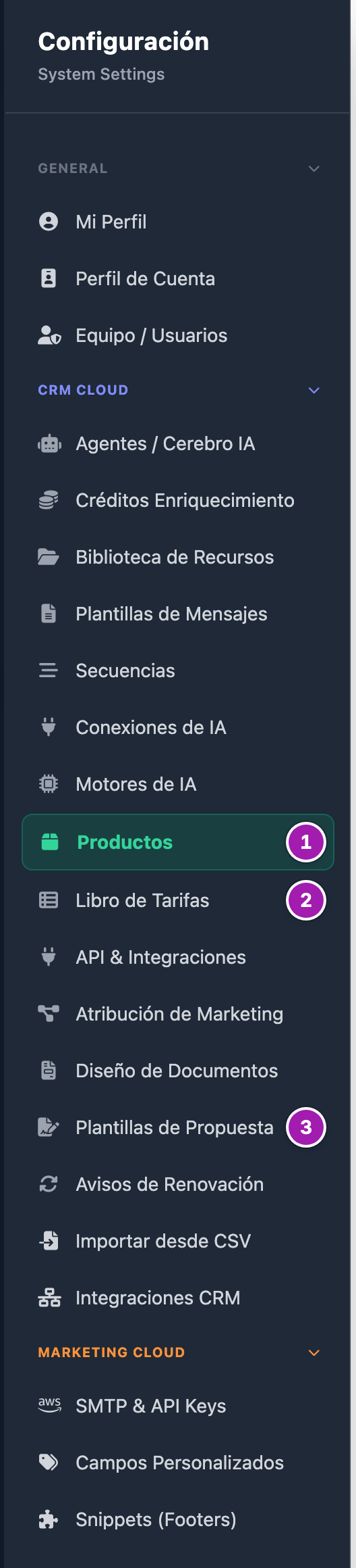 Menú de Configuración de una persona administradora con sus tres grupos desplegados: «General», «CRM Cloud» y «Marketing Cloud». En «CRM Cloud», «Productos» (1), «Libro de Tarifas» (2) y «Plantillas de Propuesta» (3).
