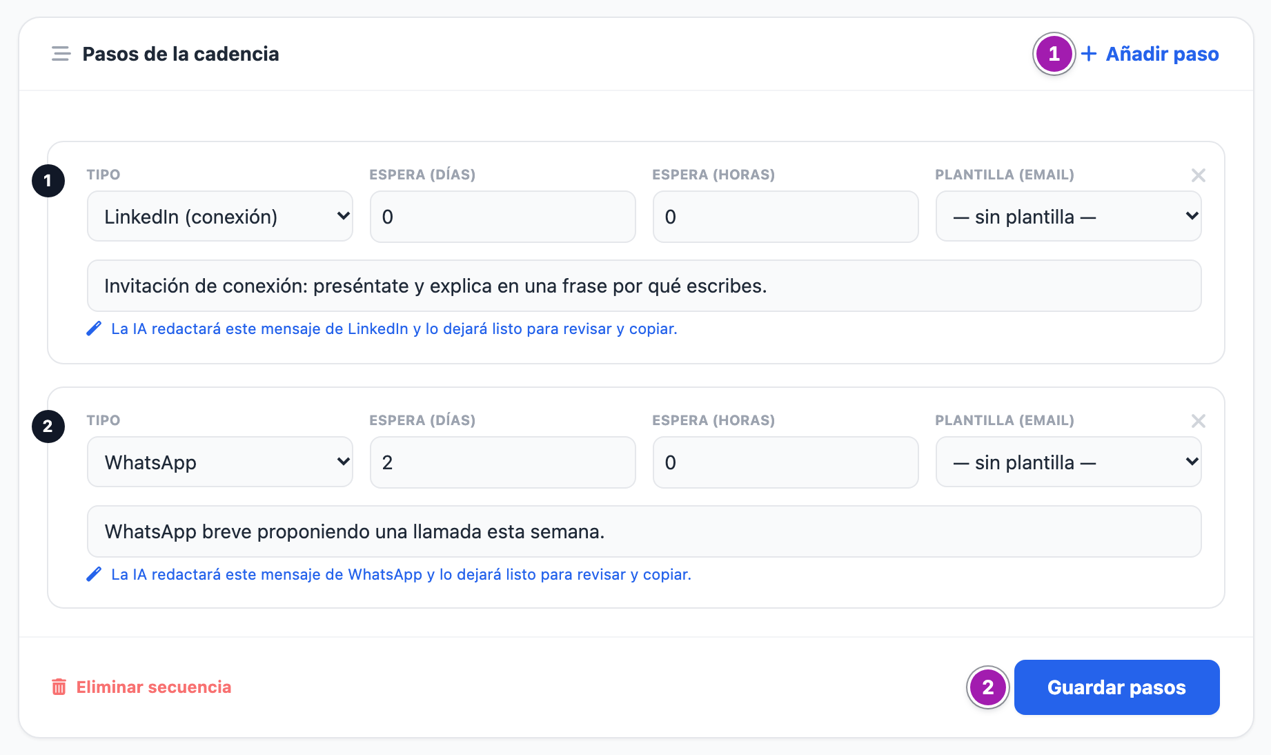 Bloque «Pasos de la cadencia» con dos pasos numerados: un LinkedIn y un WhatsApp a dos días, cada uno con su tipo, sus esperas en días y horas, la instrucción para la IA y el aviso de que la IA dejará el mensaje listo para revisar y copiar; arriba, «Añadir paso» (1) y abajo, «Eliminar secuencia» y «Guardar pasos» (2).