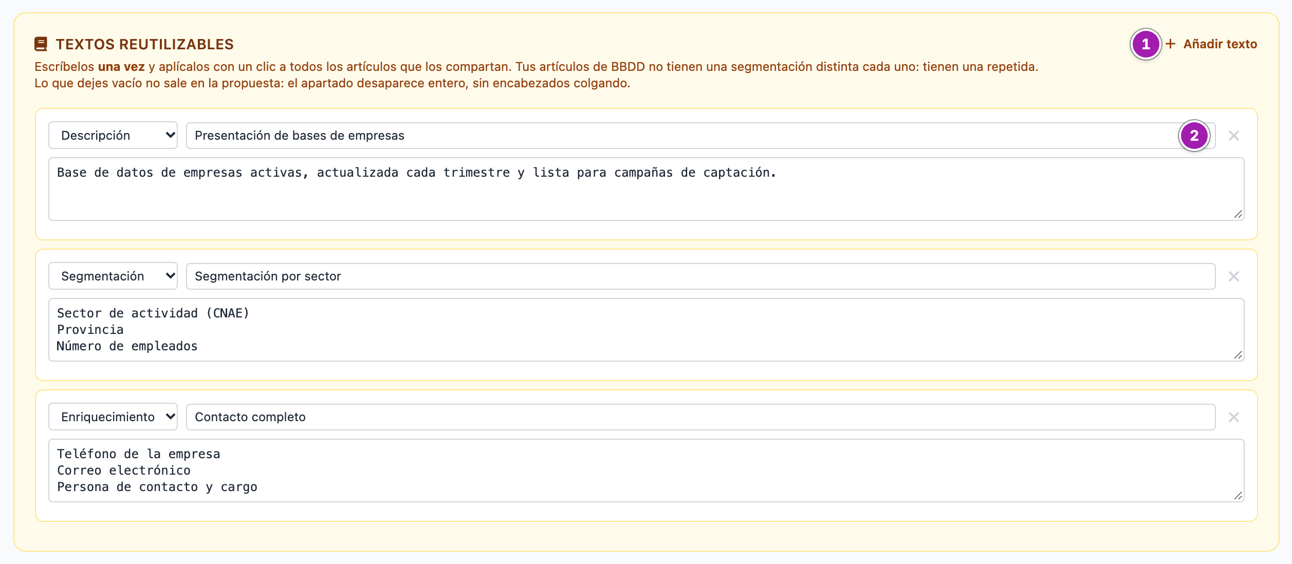 Bloque «Textos reutilizables» de «Textos de los productos»: el botón «Añadir texto» (1) y tres textos guardados, cada uno con su tipo, el nombre con que lo llamas (2) y su contenido.