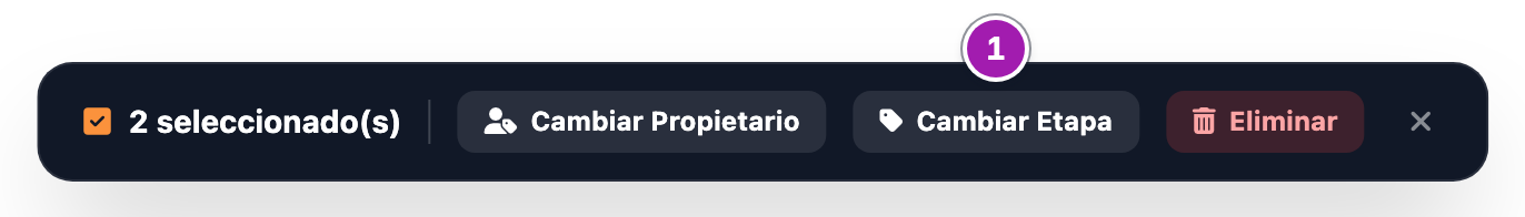 Barra de acciones en bloque de Clientes Potenciales con «2 seleccionado(s)» y los botones «Cambiar Propietario», «Cambiar Etapa» (1) y «Eliminar», y la × para quitar la selección.