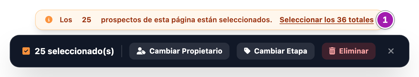 Aviso «Los 25 prospectos de esta página están seleccionados.» con el enlace para seleccionar todos los del filtro (1), encima de la barra de acciones en bloque con «25 seleccionado(s)».