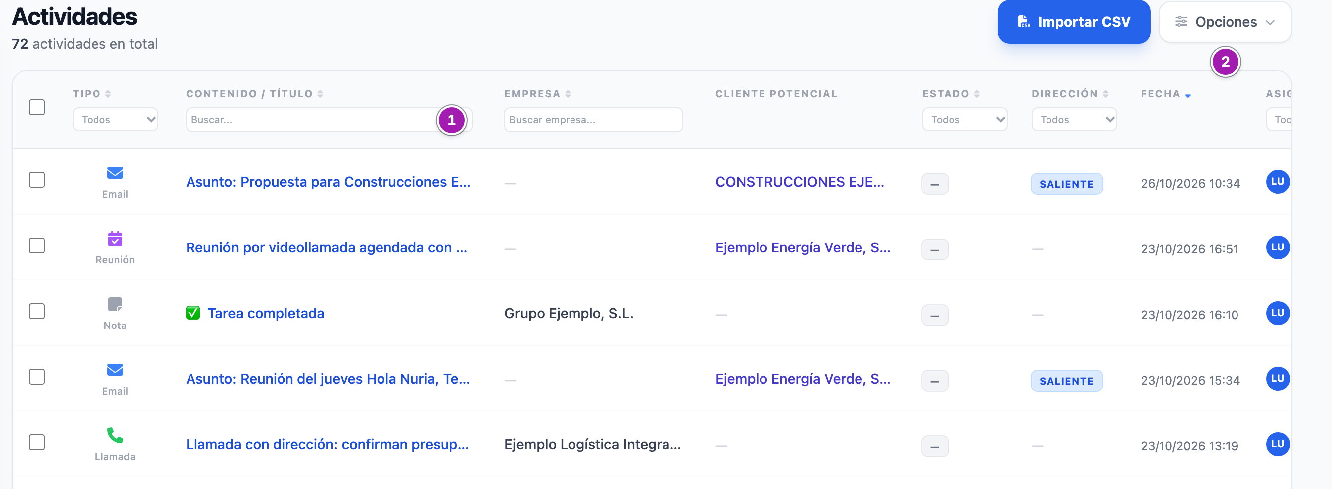 Pantalla Actividades: el total, los filtros en la cabecera de cada columna, como el buscador del contenido (1), el botón «Opciones» (2) y las primeras filas con tipo, contenido, empresa o cliente potencial, dirección y fecha.