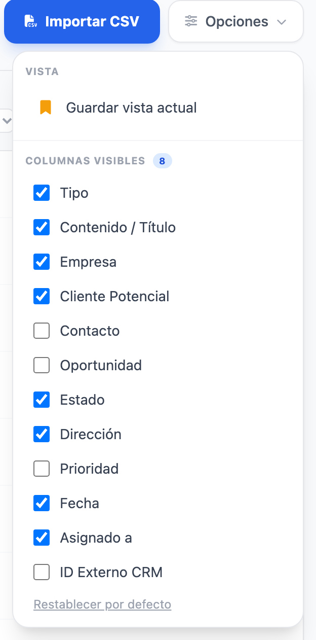 Menú «Opciones» abierto: «Guardar vista actual» y «Columnas visibles», con una casilla por columna y «Restablecer por defecto».