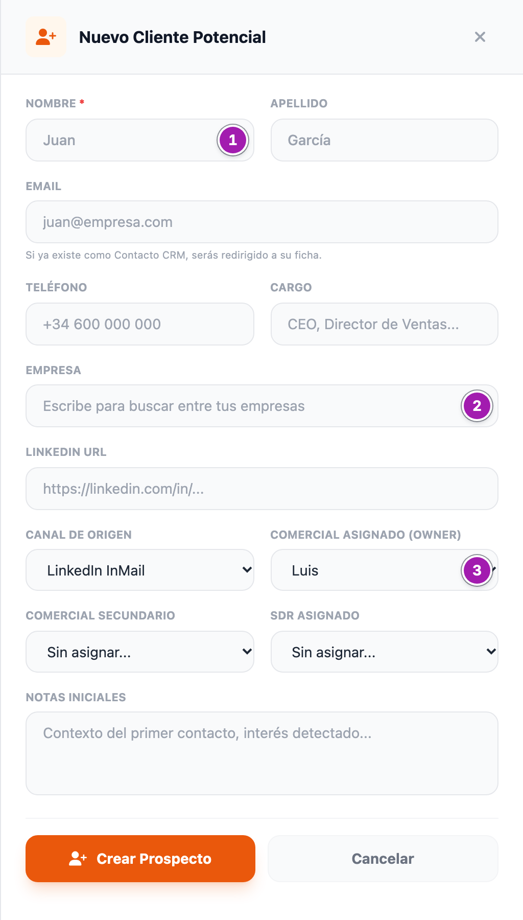 Panel «Nuevo Cliente Potencial» con sus campos vacíos: «Nombre *» (1), el buscador «Empresa» (2), «Canal de Origen», «Comercial Asignado (Owner)» con el usuario que da de alta (3), y los botones «Crear Prospecto» y «Cancelar».