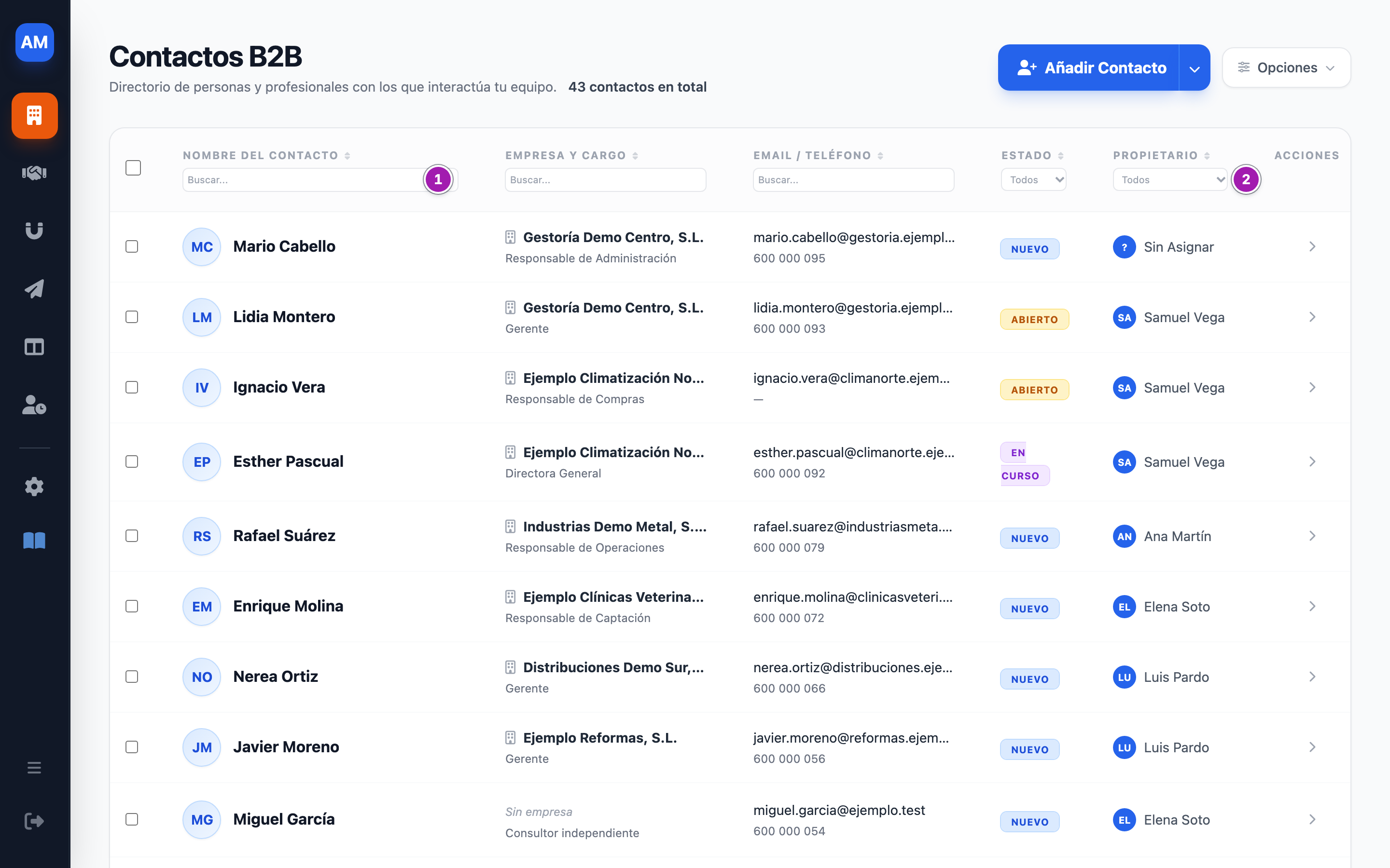 Listado «Contactos B2B» con el filtro de texto bajo «Nombre del Contacto» (1) y el desplegable de «Propietario» (2) en la cabecera de la tabla; cada fila enseña empresa y cargo, correo y teléfono, estado y propietario.
