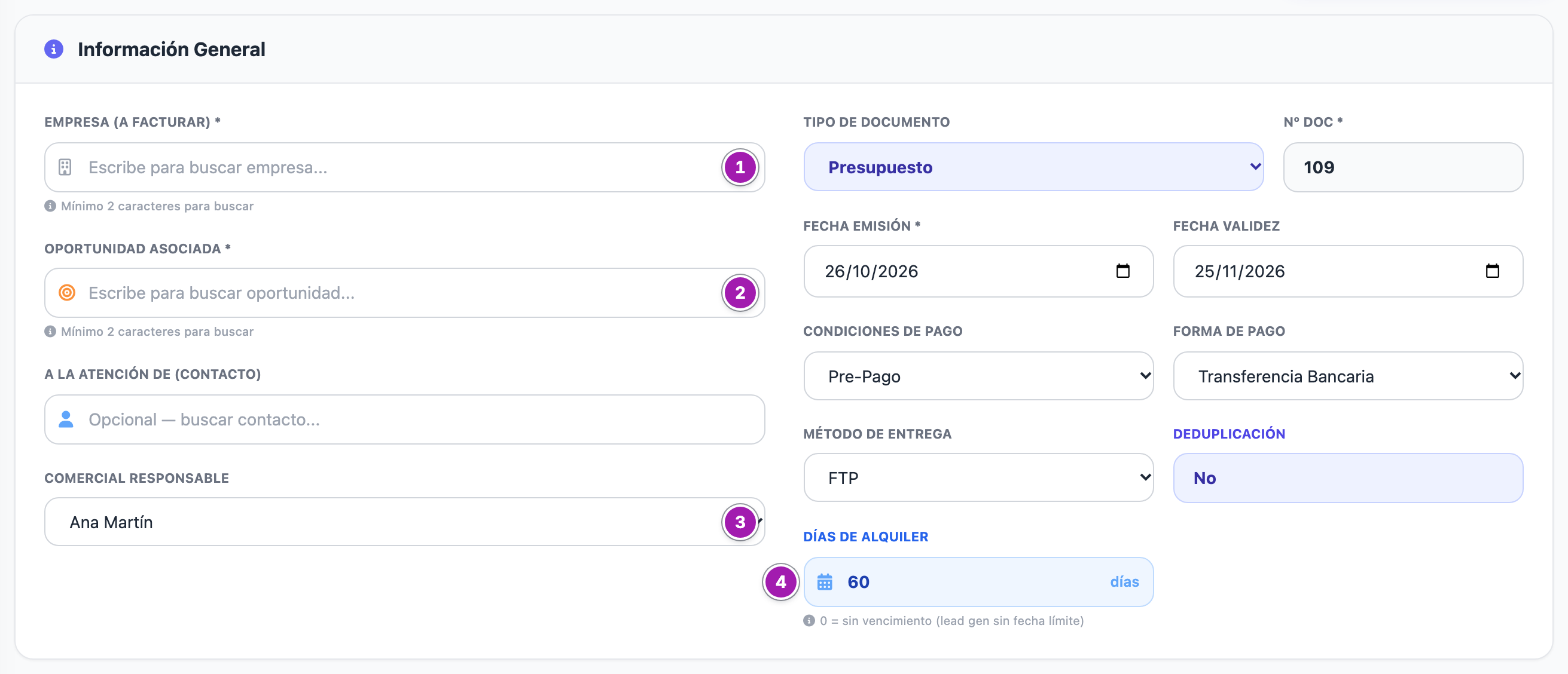 Bloque «Información General» de «Nuevo Documento»: la empresa a facturar (1), la oportunidad asociada (2), el comercial responsable, que viene con la primera persona de la lista (3), y los días de alquiler (4), junto al tipo, el número, las fechas y las condiciones.