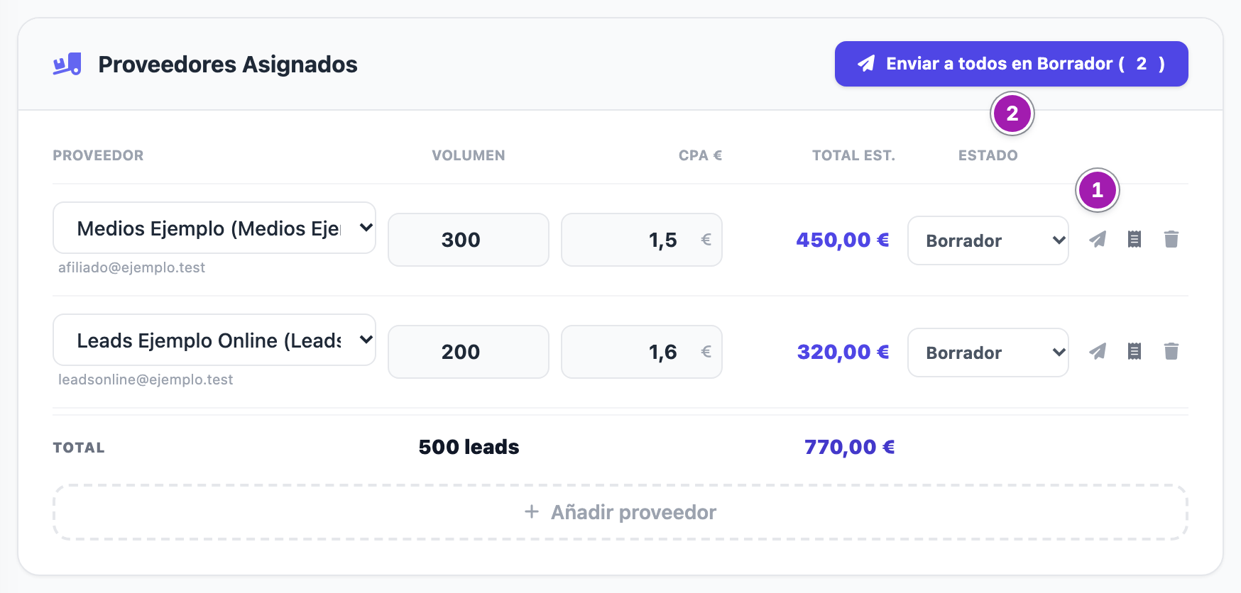 «Proveedores Asignados» de un pedido con dos proveedores en Borrador, cada uno con su volumen, su CPA y su estado; el botón de enviar el correo a un proveedor (1) y «Enviar a todos en Borrador (2)» (2).