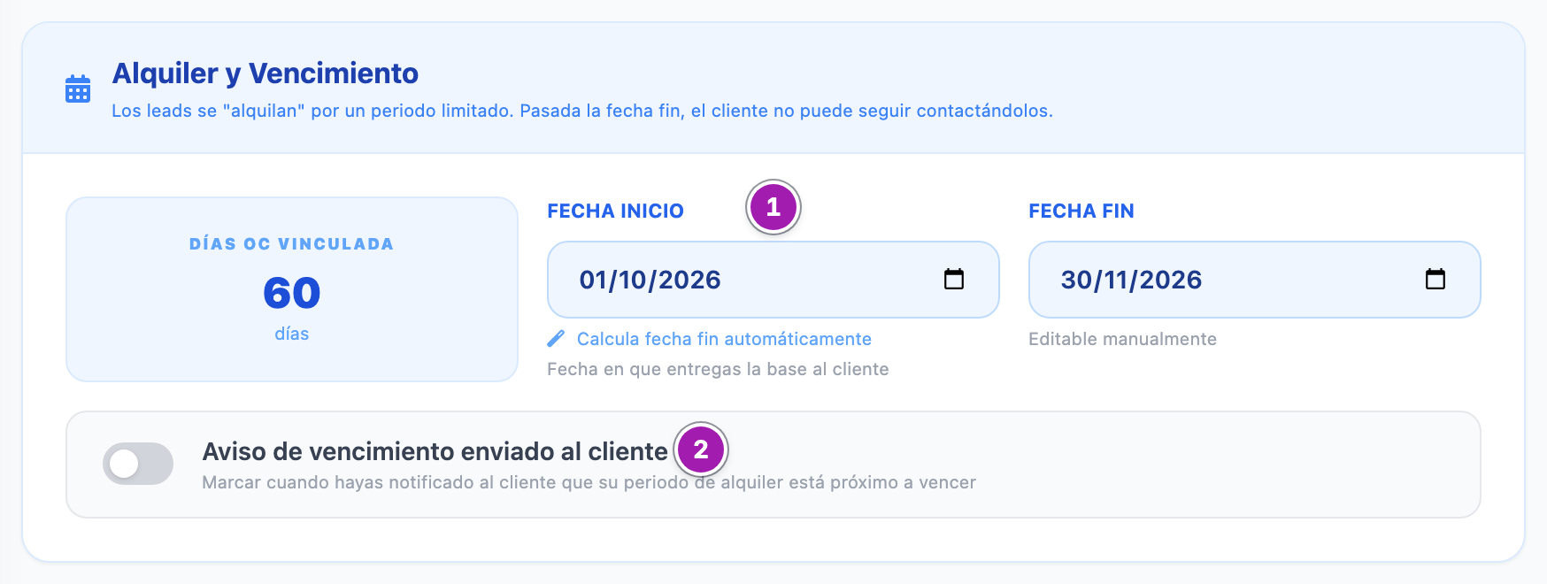 Bloque «Alquiler y Vencimiento» de un pedido: los 60 días de la orden de compra, la fecha de inicio (1), que calcula la fecha fin, y la casilla «Aviso de vencimiento enviado al cliente» (2).