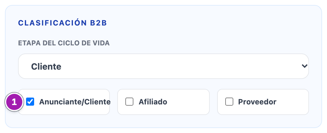 Apartado «Clasificación B2B» del panel «Editar Empresa»: la etapa del ciclo de vida y las casillas «Anunciante/Cliente» (marcada, 1), «Afiliado» y «Proveedor».