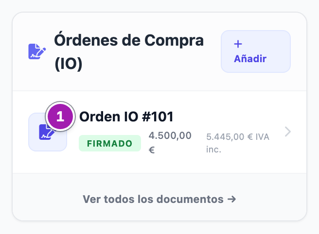 Bloque «Órdenes de Compra (IO)» de la ficha de una oportunidad: la orden de compra 101 (1), con la etiqueta «Firmado» porque está aceptada, su importe sin IVA y con IVA.