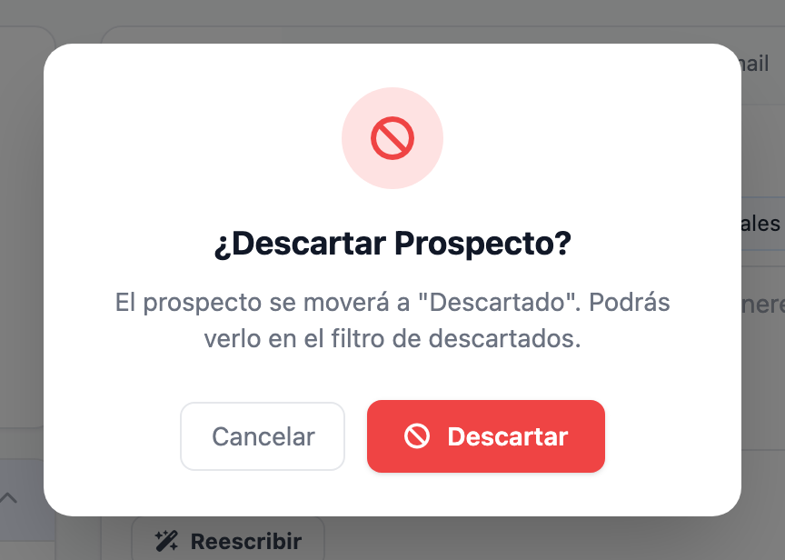 Ventana «¿Descartar Prospecto?» con el texto «El prospecto se moverá a "Descartado". Podrás verlo en el filtro de descartados.» y los botones «Cancelar» y «Descartar».