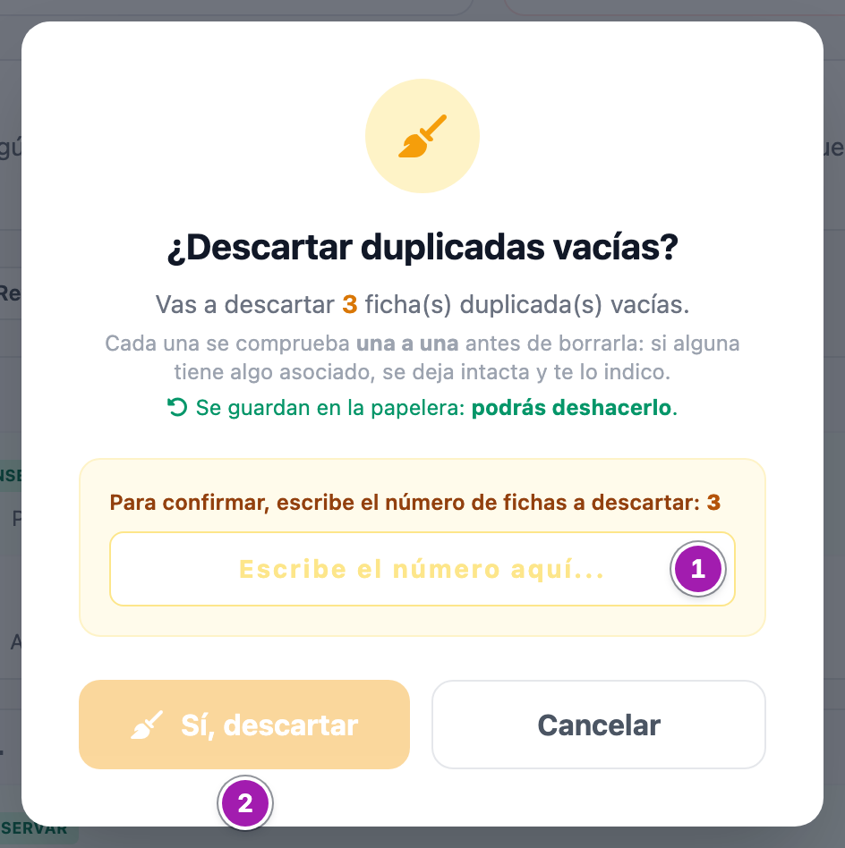 Ventana «¿Descartar duplicadas vacías?» que avisa de que cada ficha se comprueba una a una y de que se puede deshacer, con el campo para escribir el número de fichas (1) y el botón «Sí, descartar», desactivado hasta que el número coincide (2).