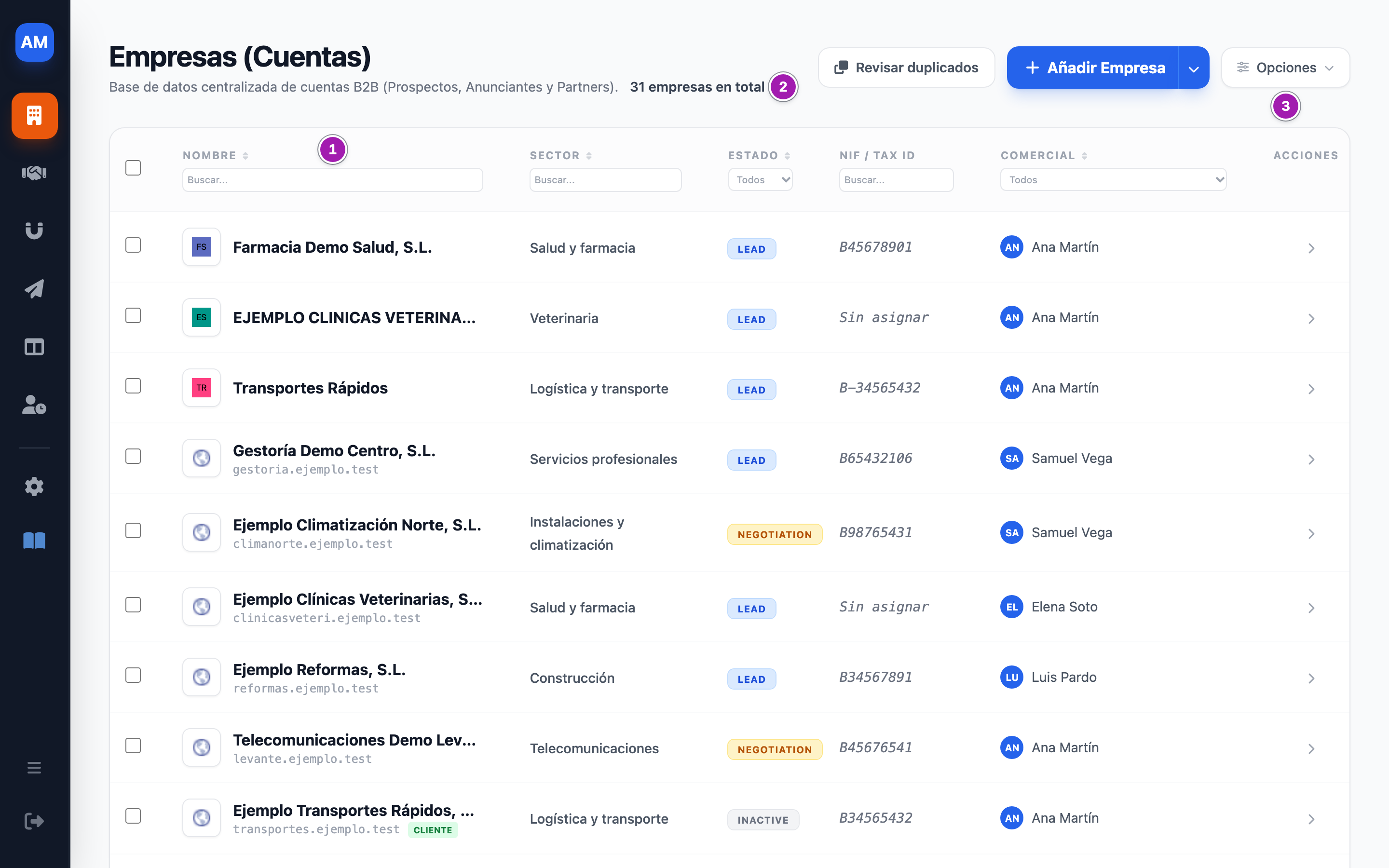 Pantalla «Empresas (Cuentas)» del CRM con la lista de empresas. Marcados: el filtro de la columna Nombre, bajo su título (1), el total de empresas (2) y el botón «Opciones» (3).