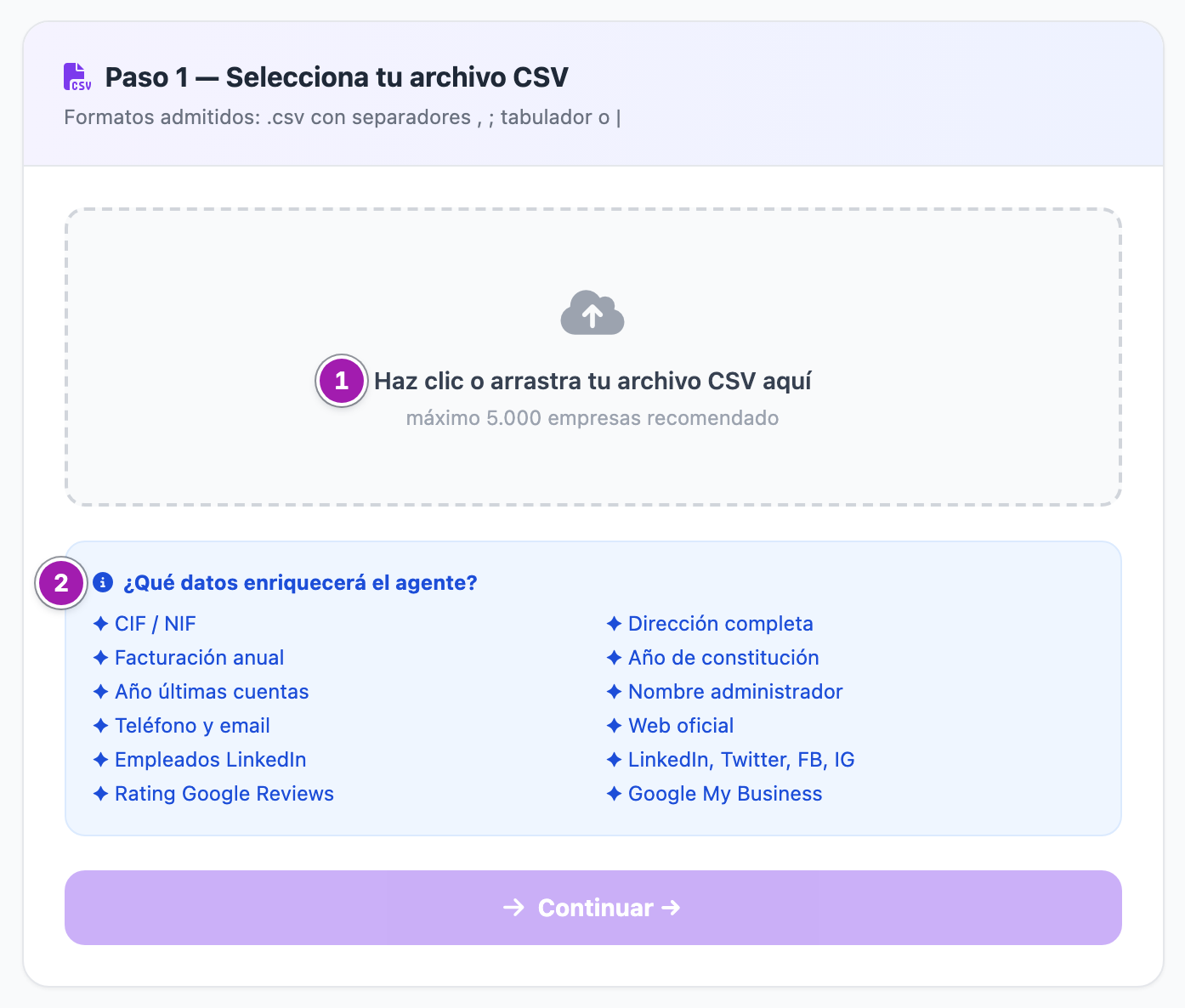 Paso 1 de «Enriquecimiento de Datos»: la zona para elegir o arrastrar el CSV (1) y la lista «¿Qué datos enriquecerá el agente?» (2), con el botón «Continuar →».