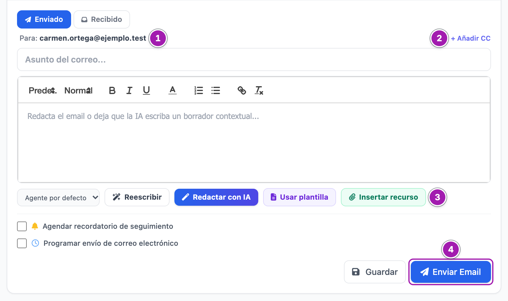 Pestaña Email de un cliente potencial: el destinatario en «Para:» (1), «+ Añadir CC» (2), el asunto y el editor, «Usar plantilla» e «Insertar recurso» (3), las casillas del recordatorio y de programar, y el botón «Enviar Email» (4).