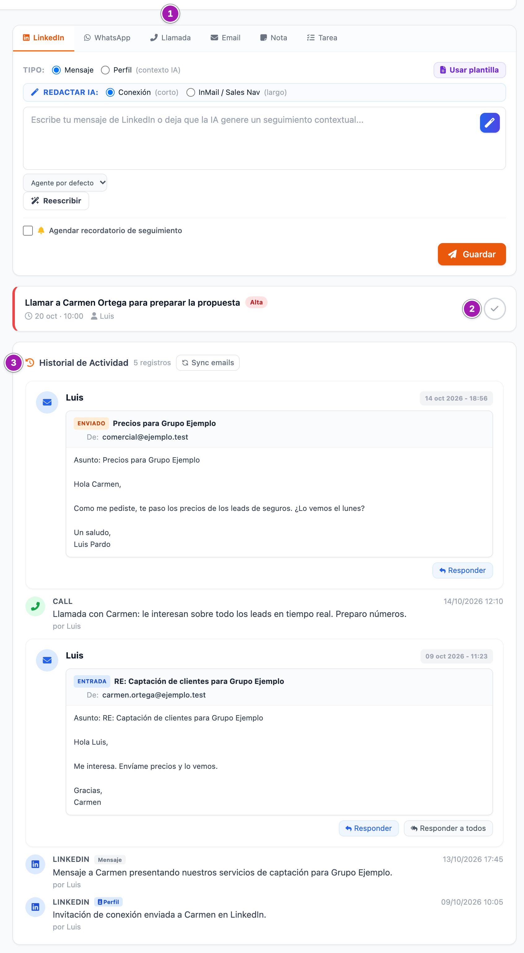 Columna derecha de la ficha de un cliente potencial: el compositor con las pestañas LinkedIn, WhatsApp, Llamada, Email, Nota y Tarea (1), una tarea pendiente con su botón «Marcar completada» (2) y el «Historial de Actividad» con sus registros (3).