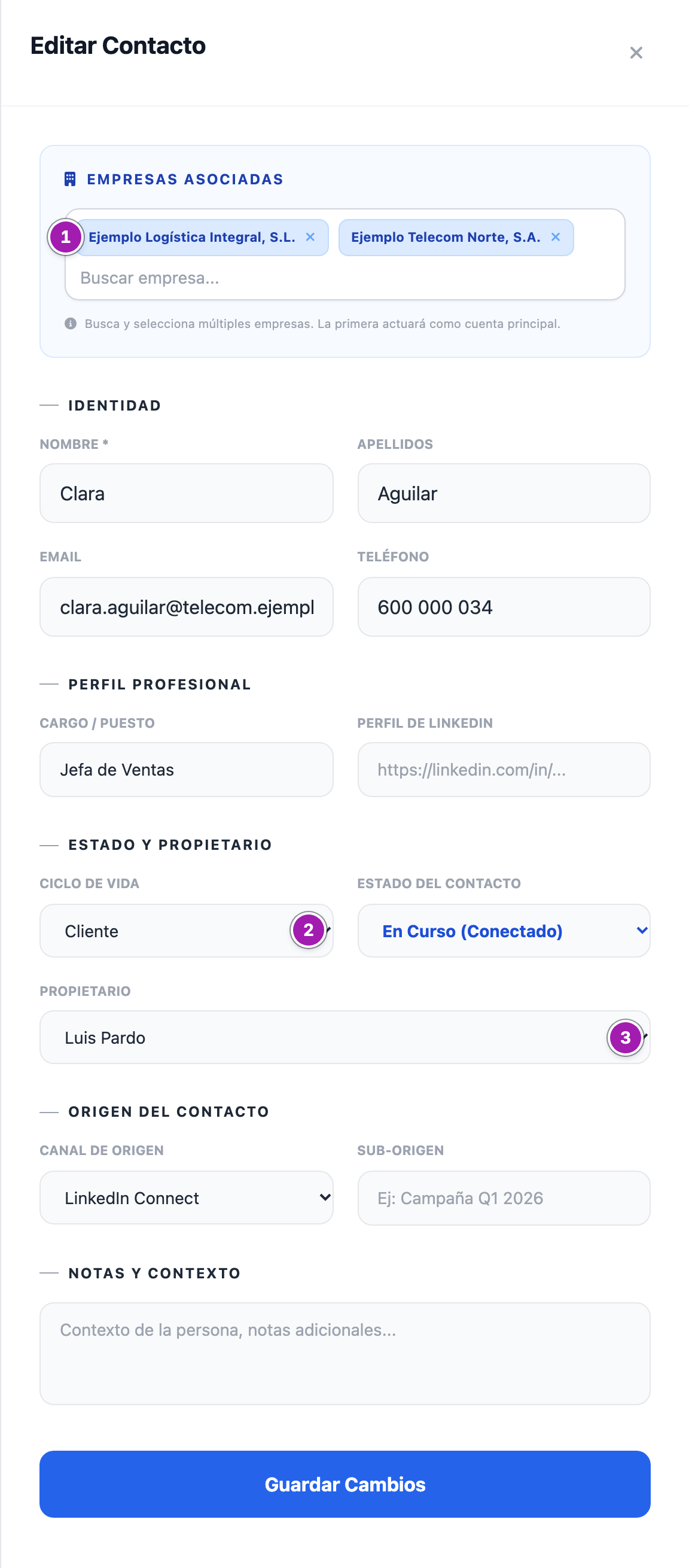 Panel «Editar Contacto» de un contacto con dos empresas: las etiquetas de «Empresas Asociadas», con la primera señalada, la que quedará como principal al guardar (1), el desplegable «Ciclo de Vida» (2) y el desplegable «Propietario» (3).