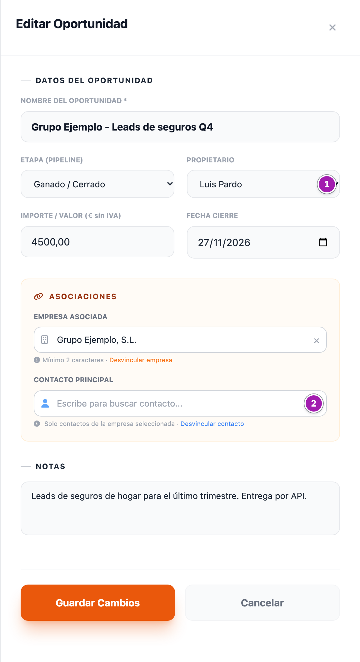 Panel «Editar Oportunidad» con el desplegable «Propietario» (1) y el campo «Contacto Principal» vacío (2), aunque la oportunidad tiene contacto.