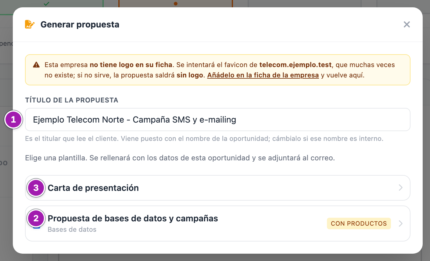 Ventana «Generar propuesta», paso 1: arriba, el aviso de dónde saldrá el logo del cliente; el «Título de la propuesta» con el nombre de la oportunidad (1) y las plantillas activas: una que imprime productos, con la etiqueta «CON PRODUCTOS» (2), y otra que no (3).